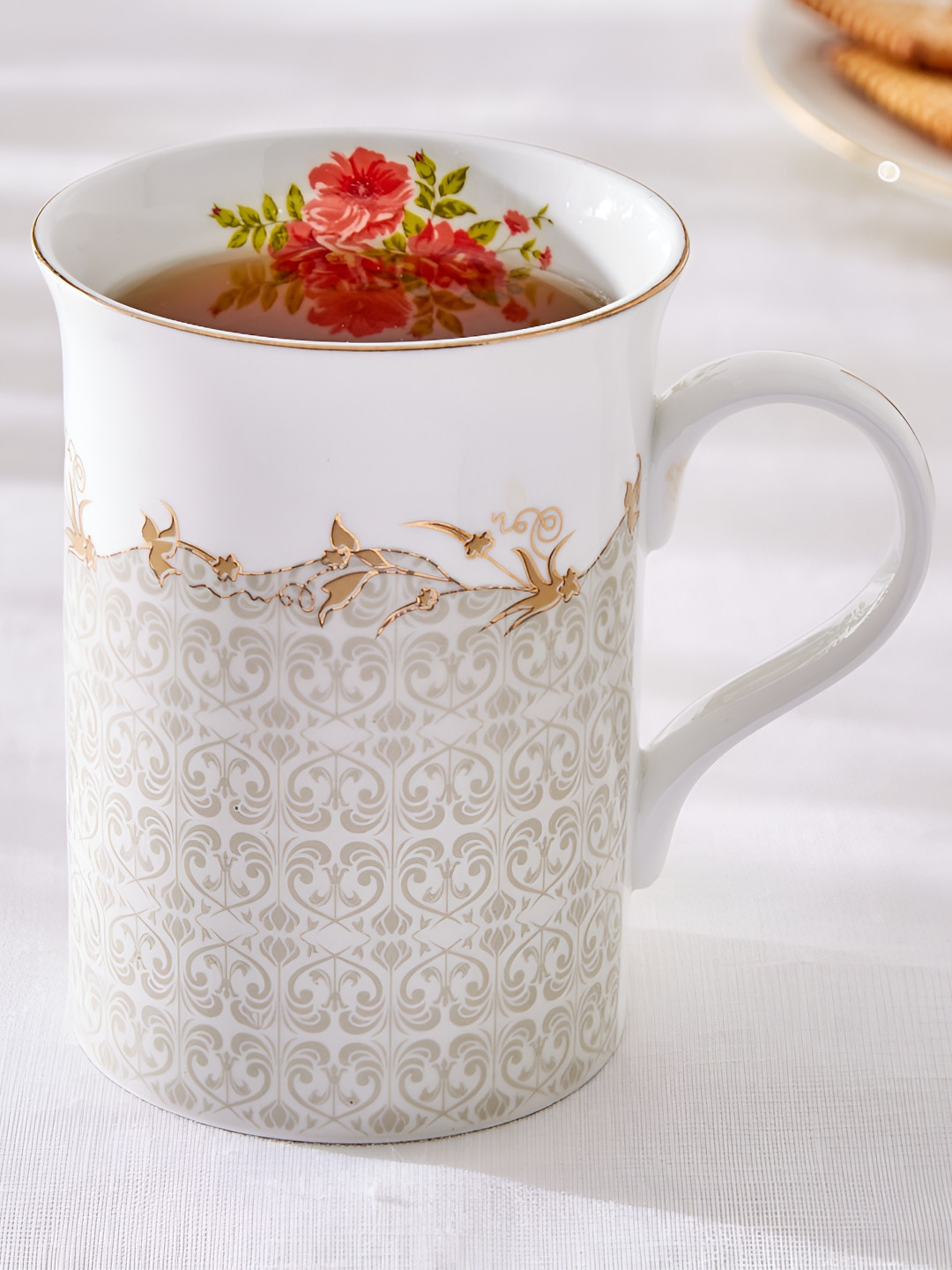 Home Centre Brown Floral Bone China Microwave Safe Mug-370ml