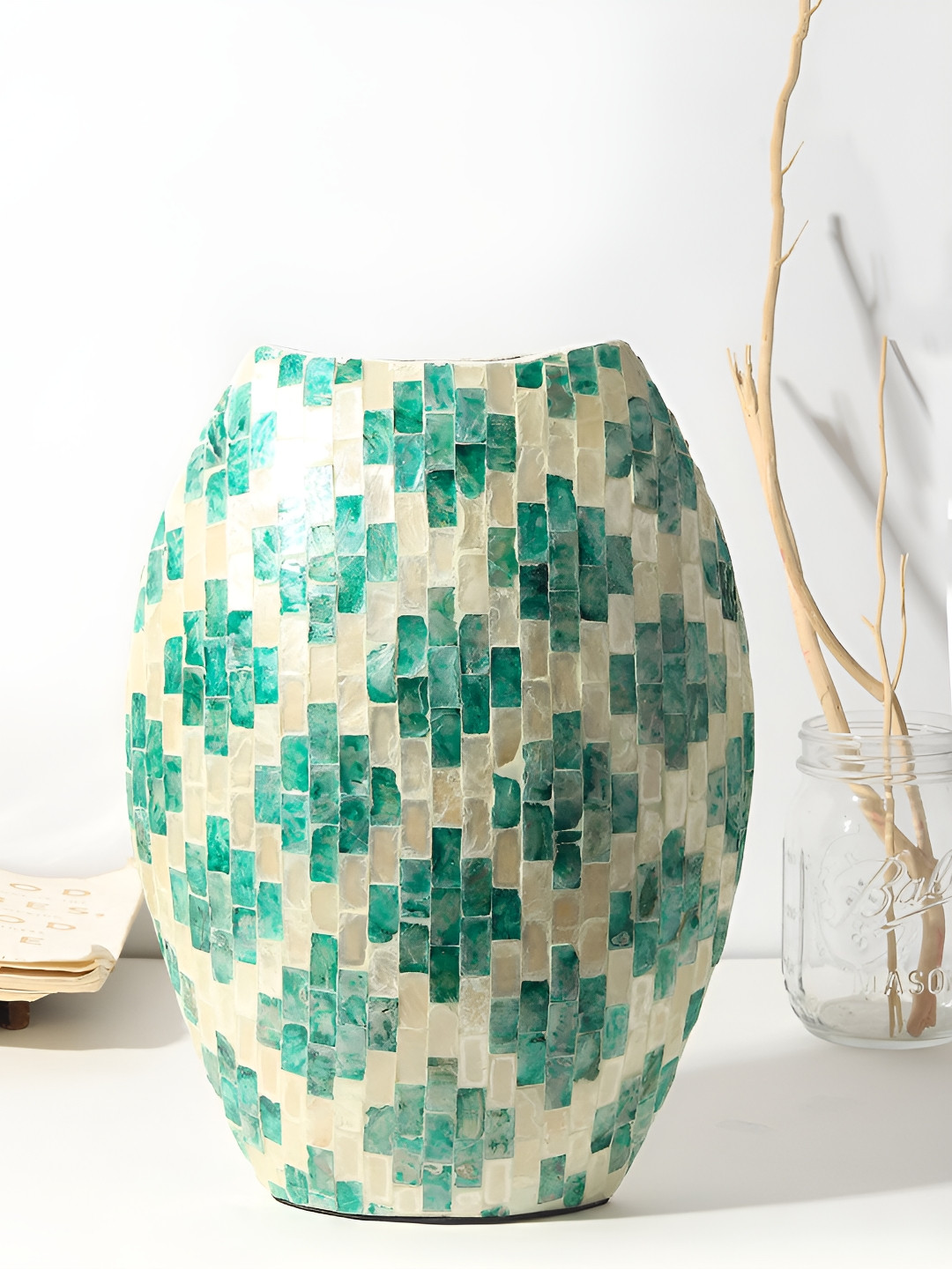 HABERE INDIA Bohemian Blue & Beige Geometric Printed Oval Flower Vase