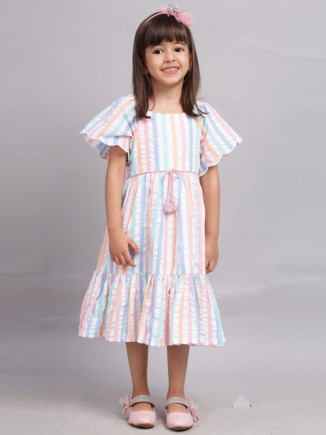 Nature Nook Kids Girls Cotton Striped Flutter Sleeve Fit & Flare Midi Dress