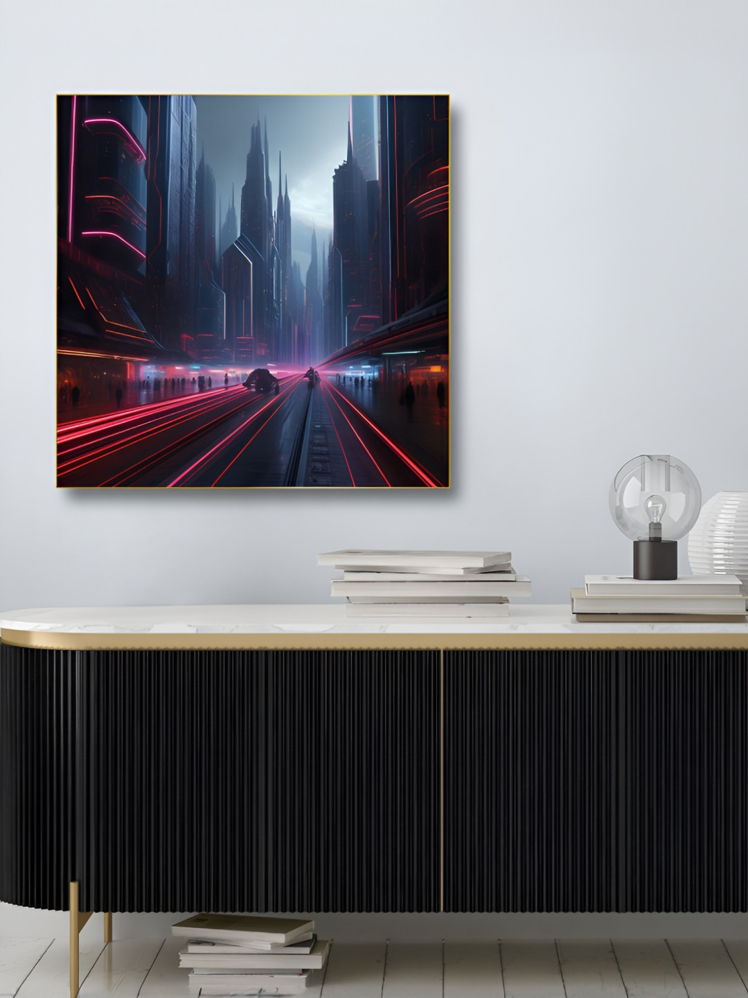 nestroots Neon Cityscape Gold-Toned & Black Canvas Wall Art
