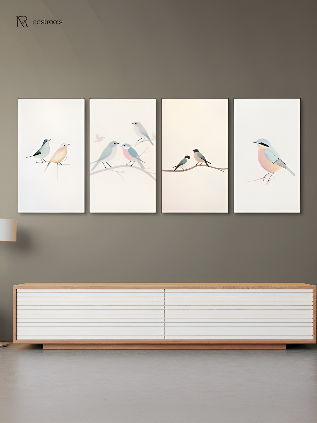 nestroots Serene Bird Branch White & Blue 4 Pieces Painting Wall Arts