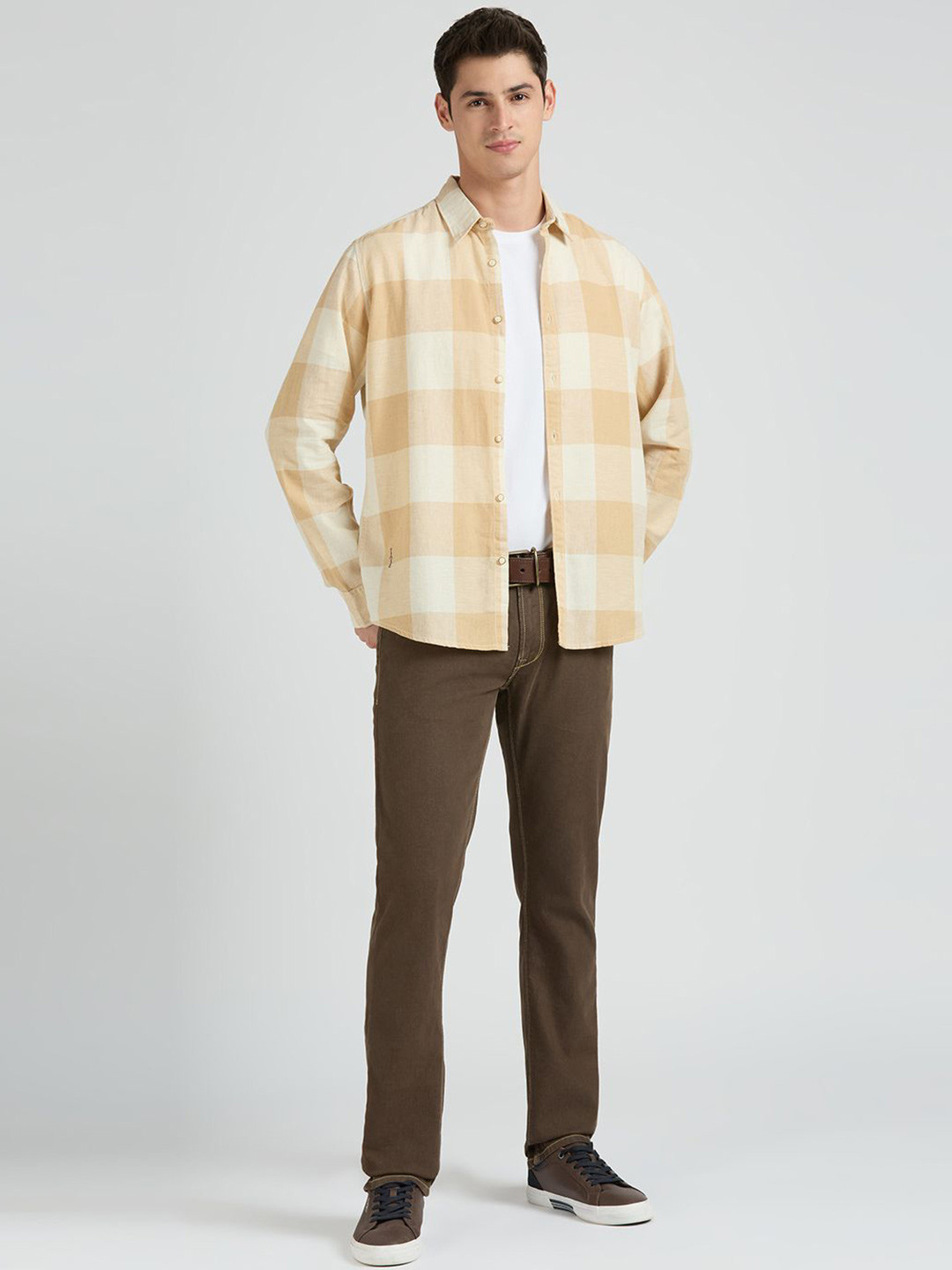 Pepe Jeans Men Spread Collar Buffalo Checked Linen Casual Shirt