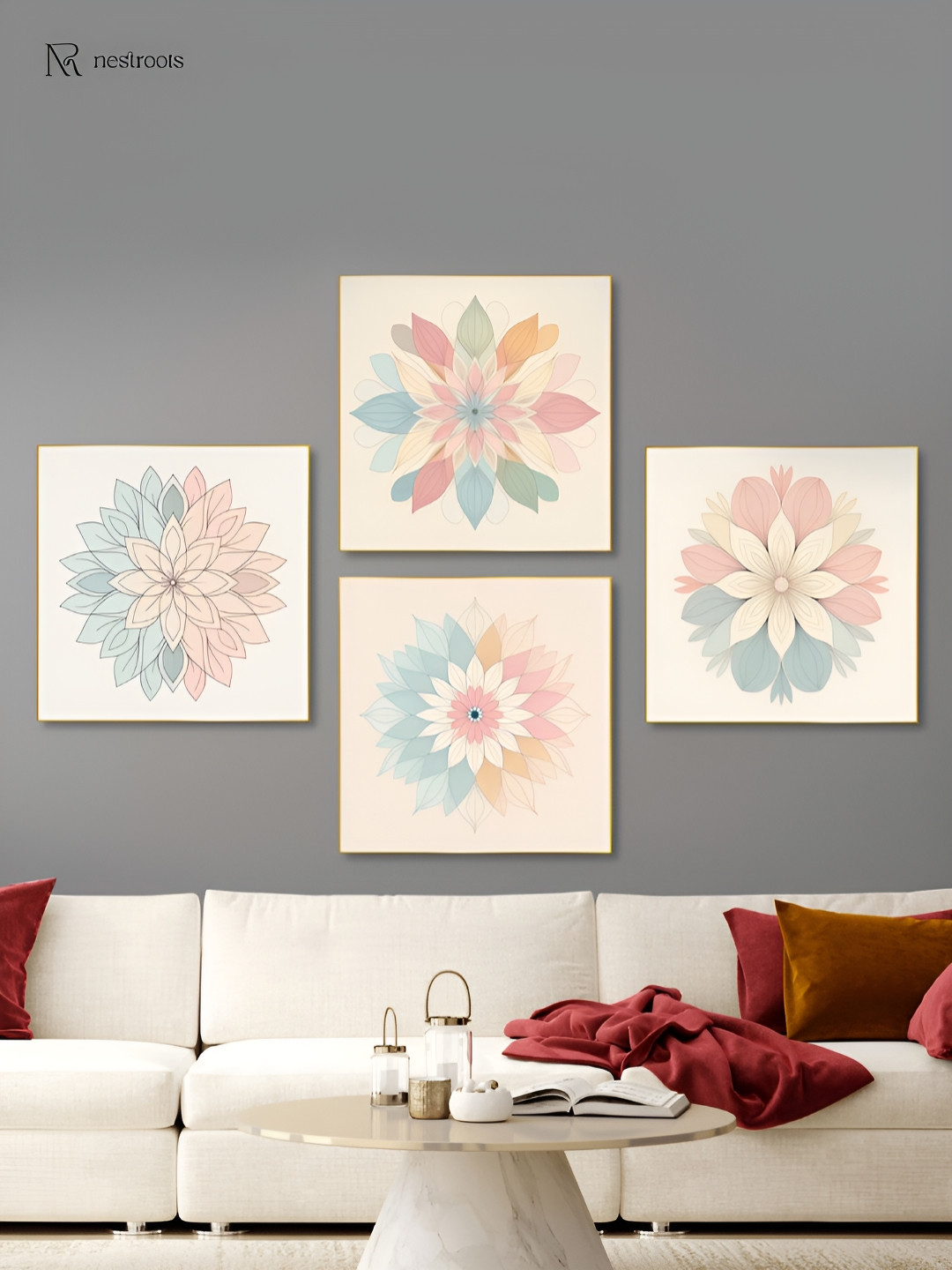 nestroots Cream-Coloured & Blue 4 Pieces Floral Elegance Painting Wall Arts