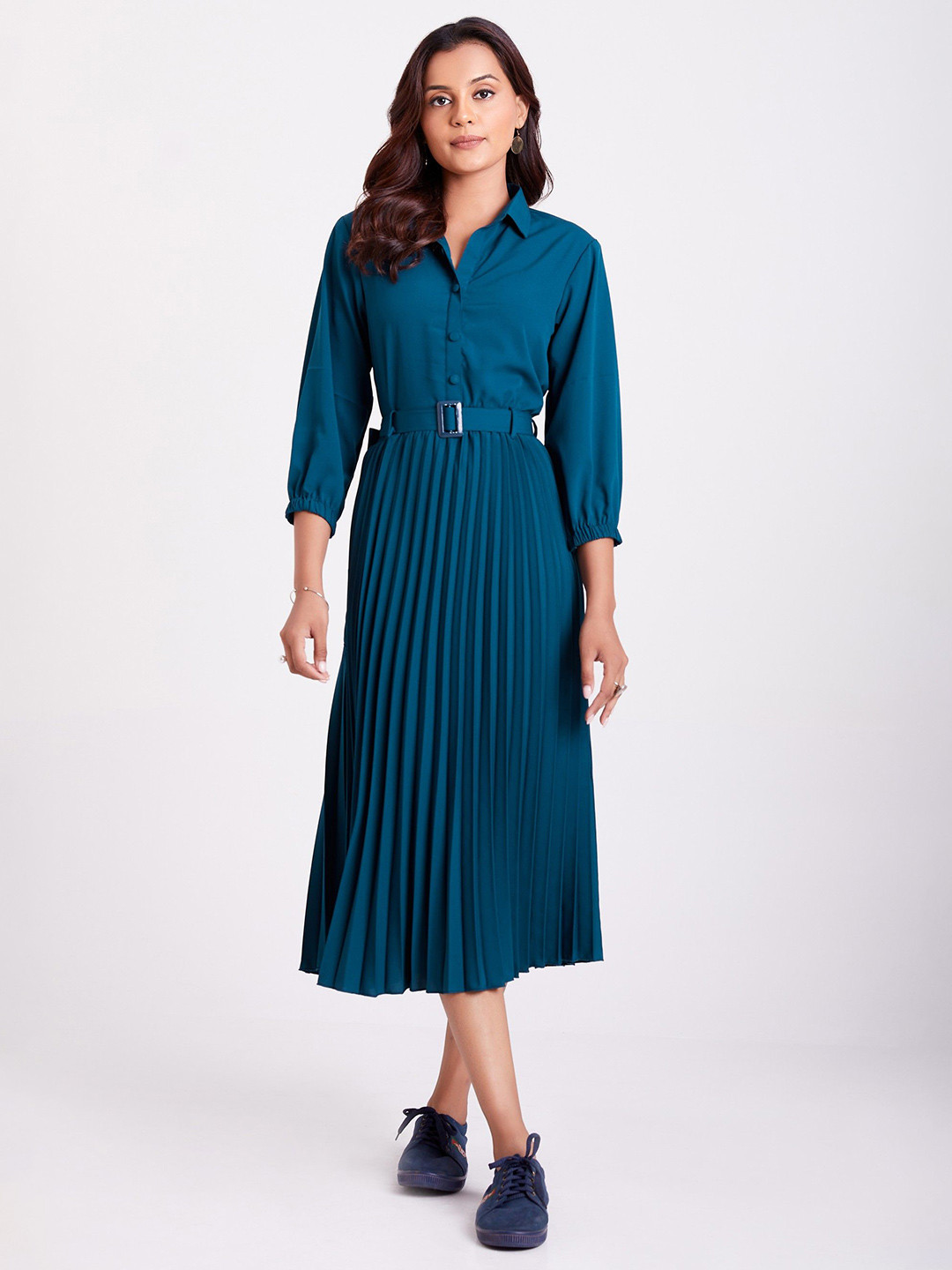 Raiyani Enterprise Solid Shirt Collar Bishop Sleeves Belted Fit and Flare Midi Dresses