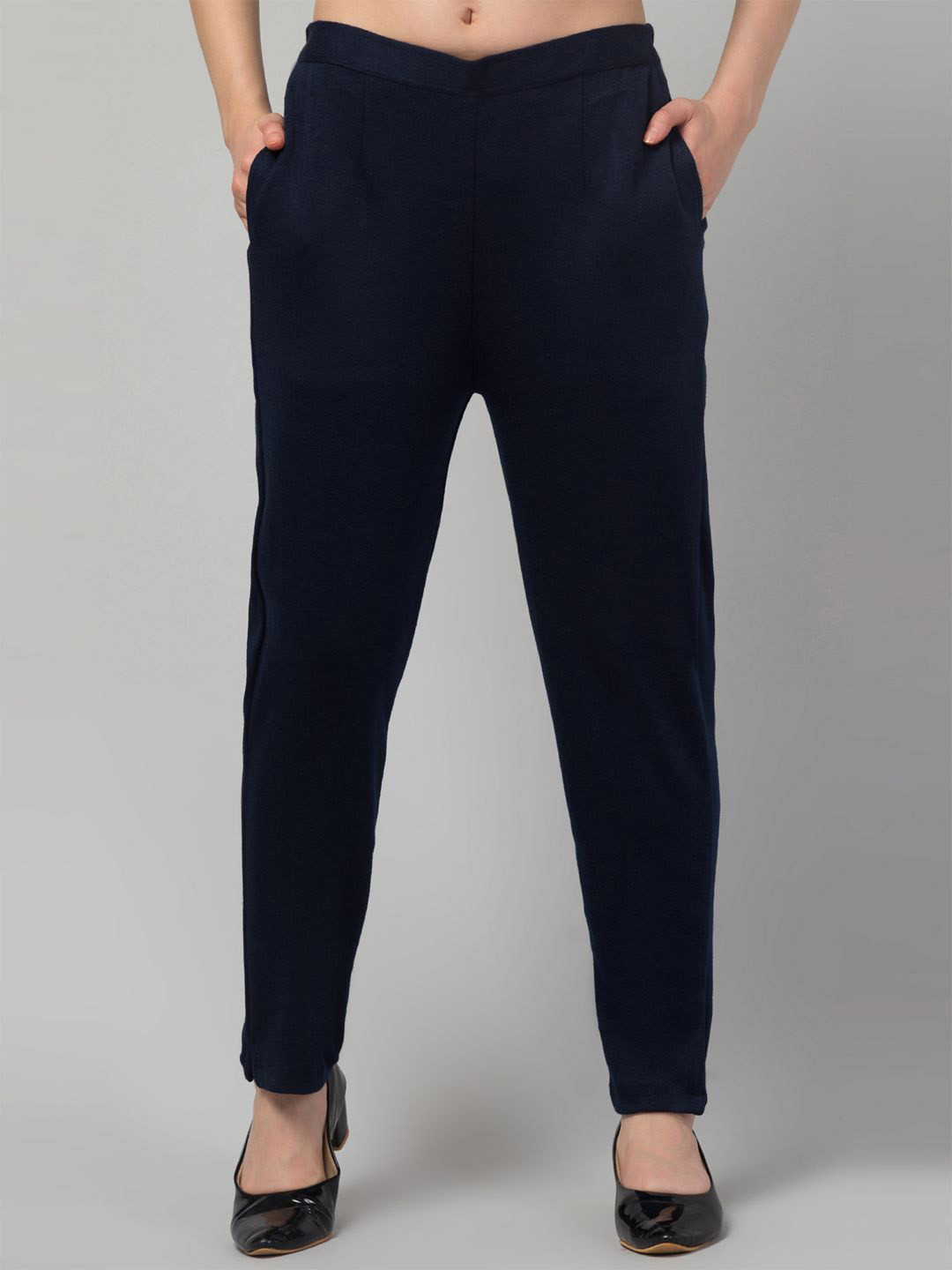 Trend Level Women Navy Blue Wool Relaxed Straight Leg Easy Wash Trousers