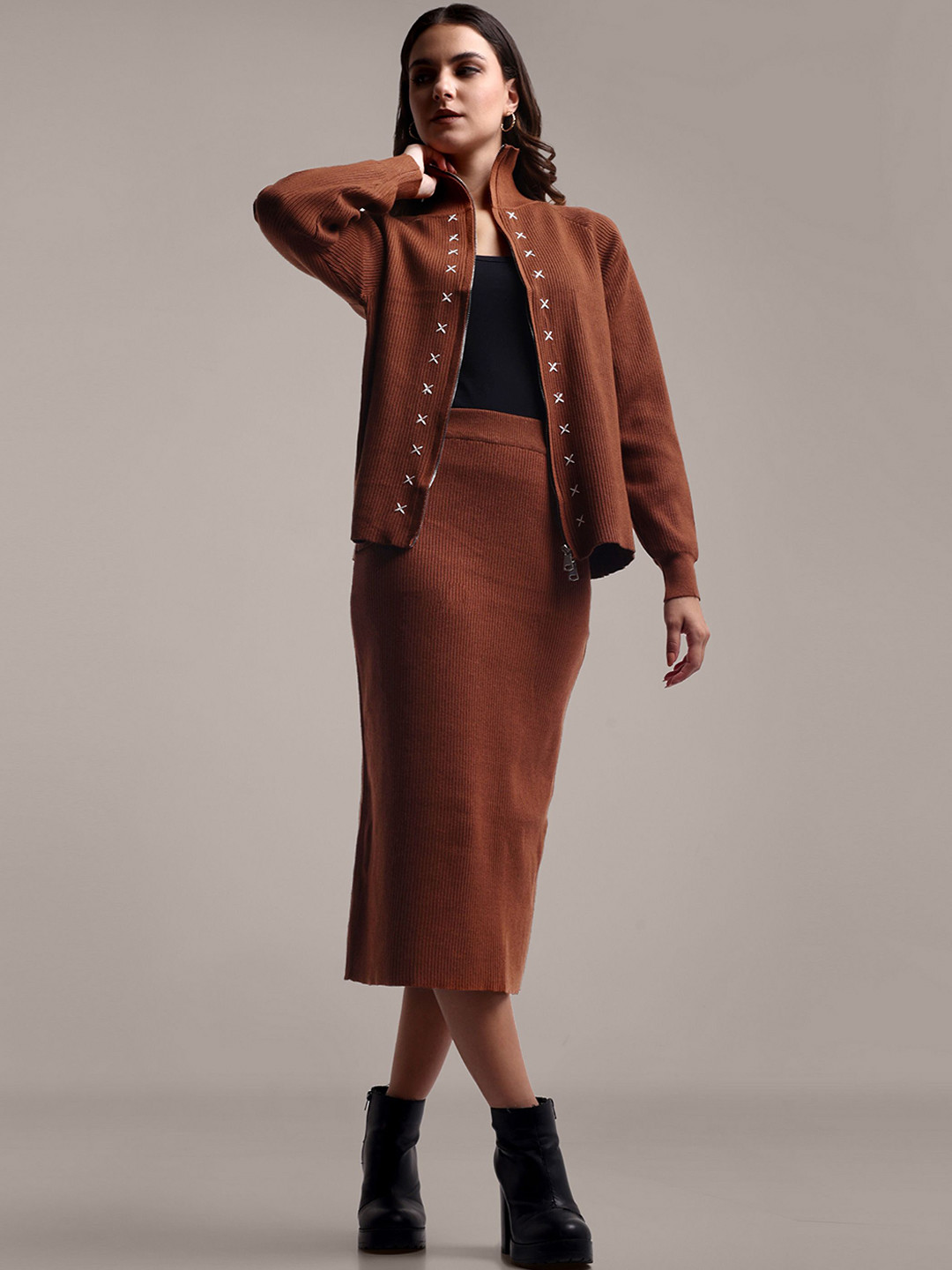 iki chic Brown Self Design High Neck Long Sleeves Jacket With Skirt