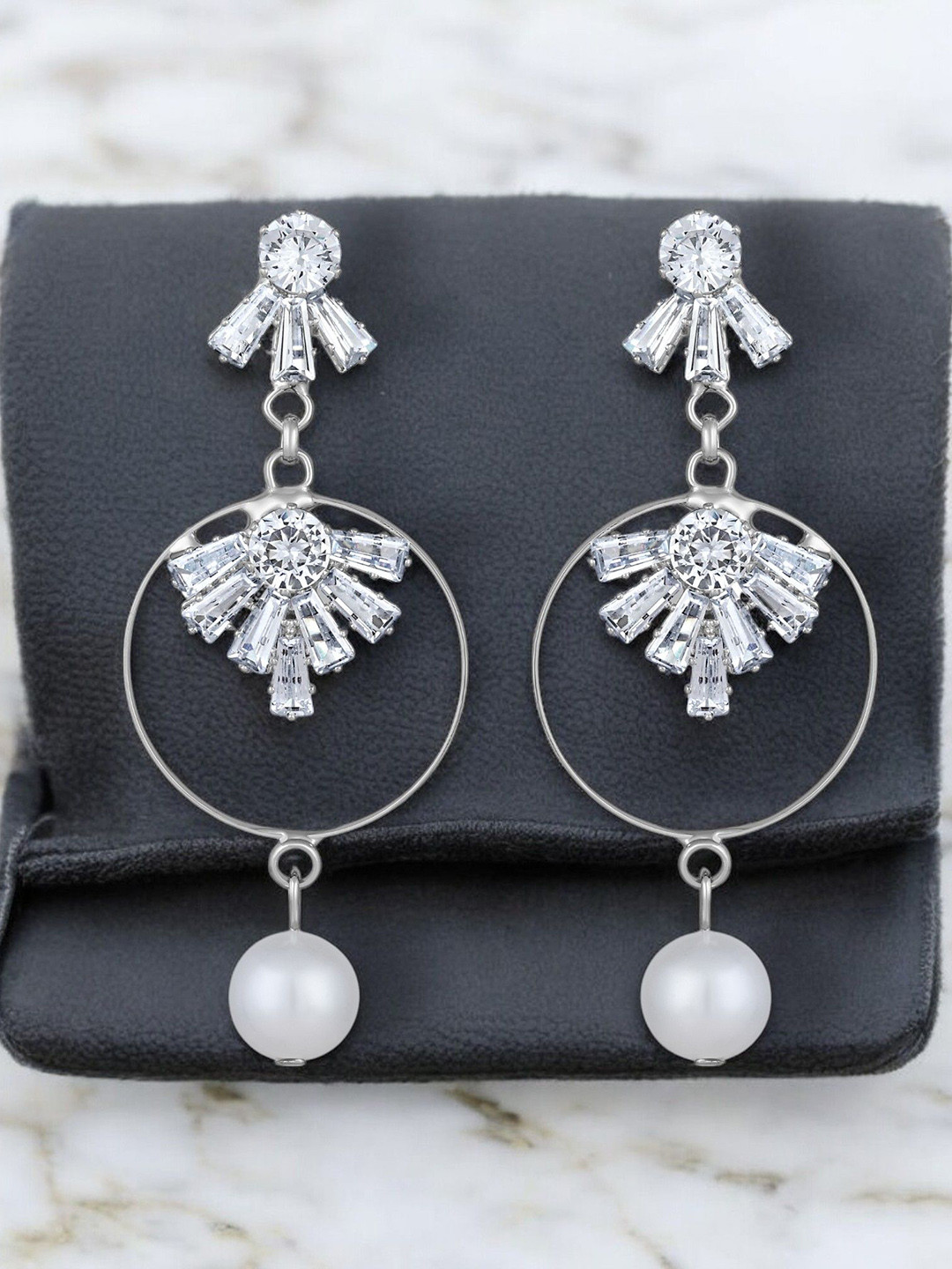 Stefan Silver-Plated American Diamond & Pearls Dangle Drop Earrings