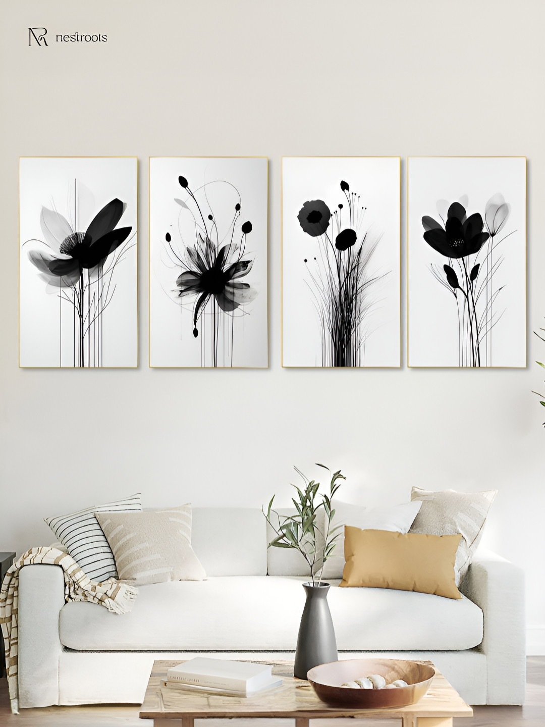 nestroots Monochrome Floral Canvas 4 Piece Wall Rectangle Paintings Wall Art - 48 x 24 In