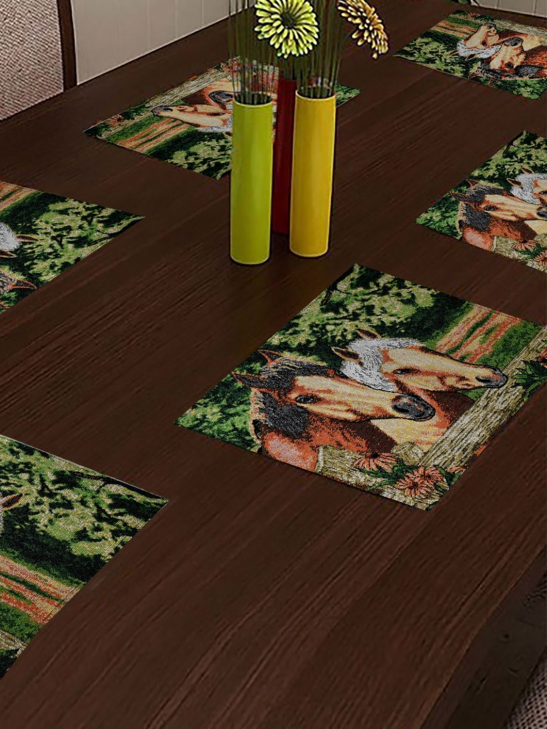 PRAKARTIK Set of 6 Green & Brown Printed Rectangle Dining Table Mats