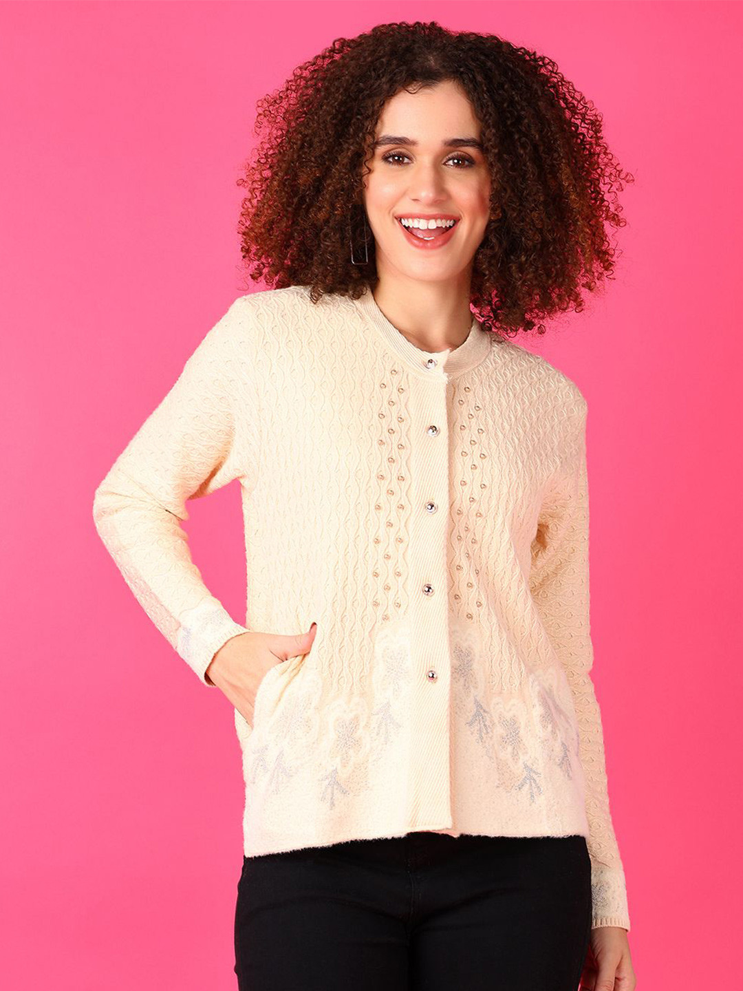 V-Mart Women Floral Cotton Cardigan with Embellished Detail