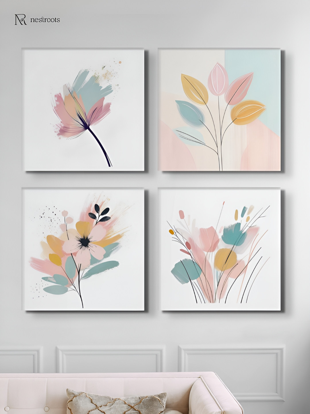 nestroots Flower Canvas 4 Pcs Wall Living Room Square Paintings Wall Art -1.21 x 23.62In