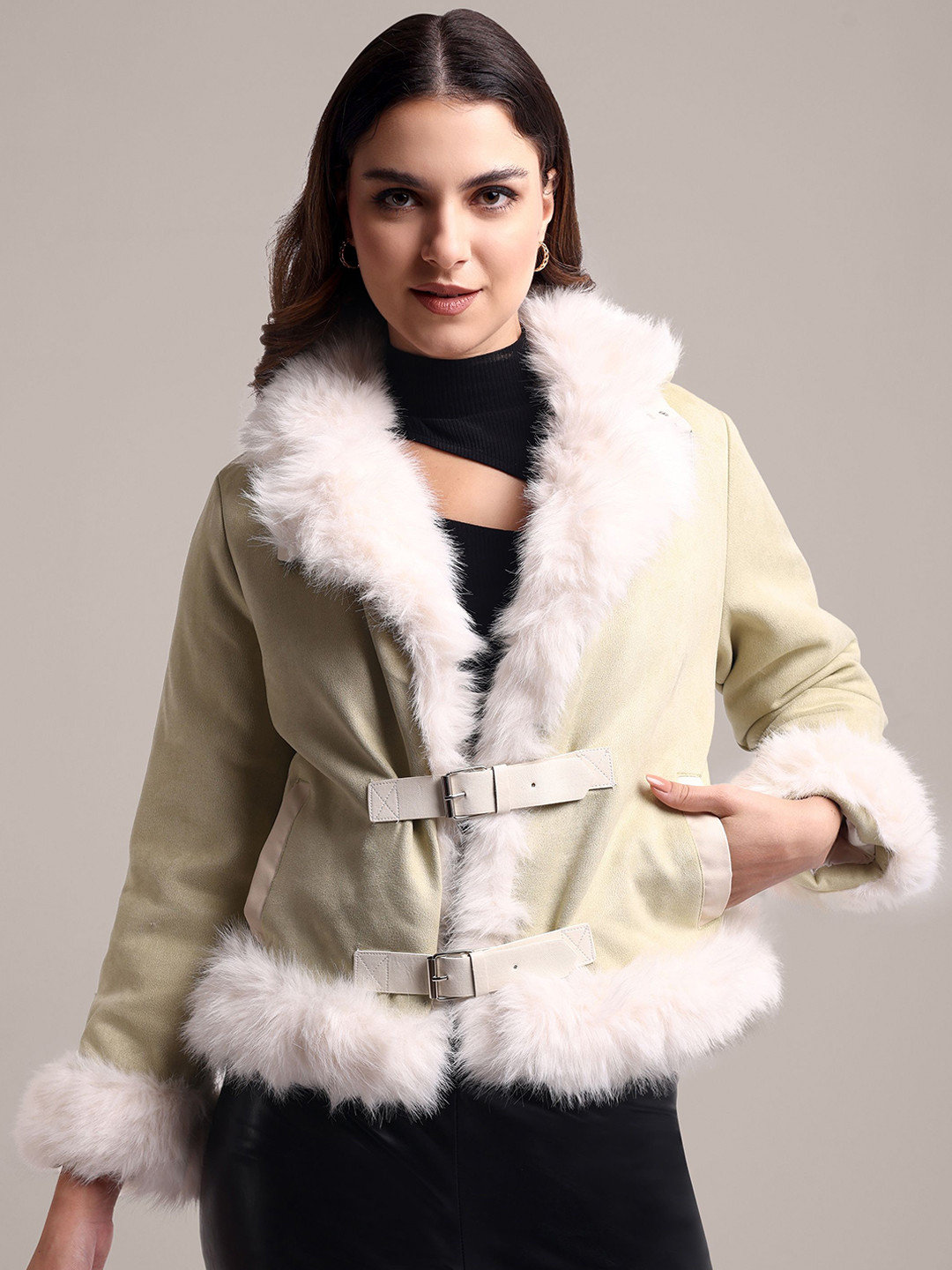iki chic Women Shawl Collar Solid Velvet Casual Open Front Jacket