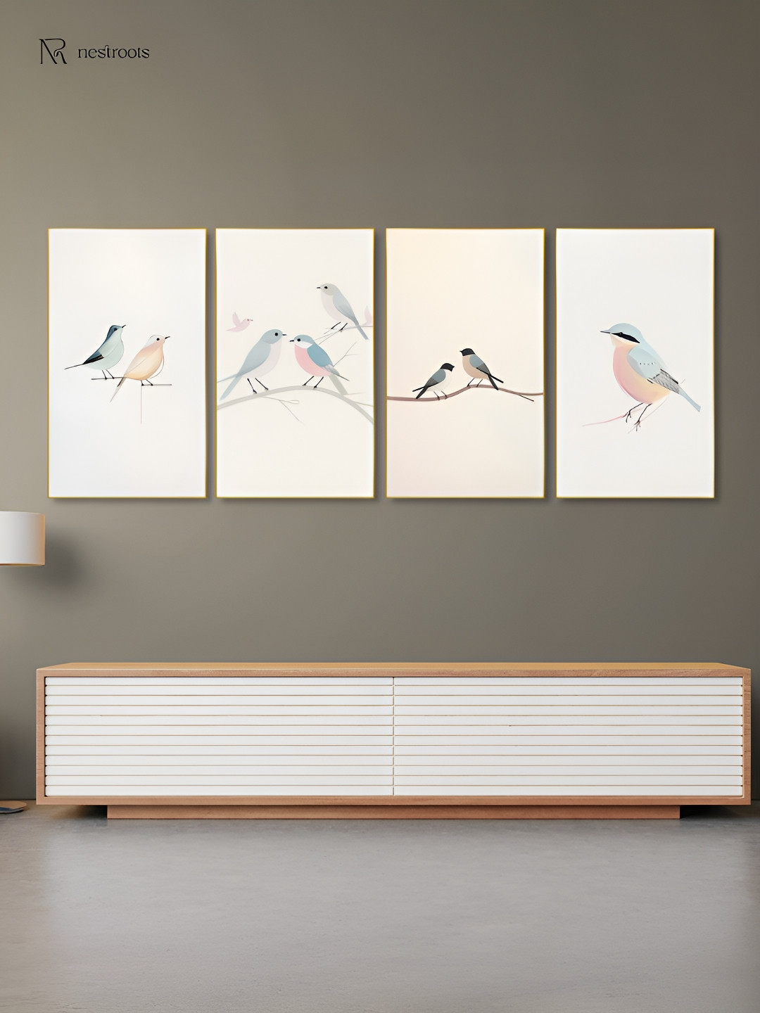 nestroots Peach & Blue 4 Pieces Canvas Serene Bird Branch Wall Arts