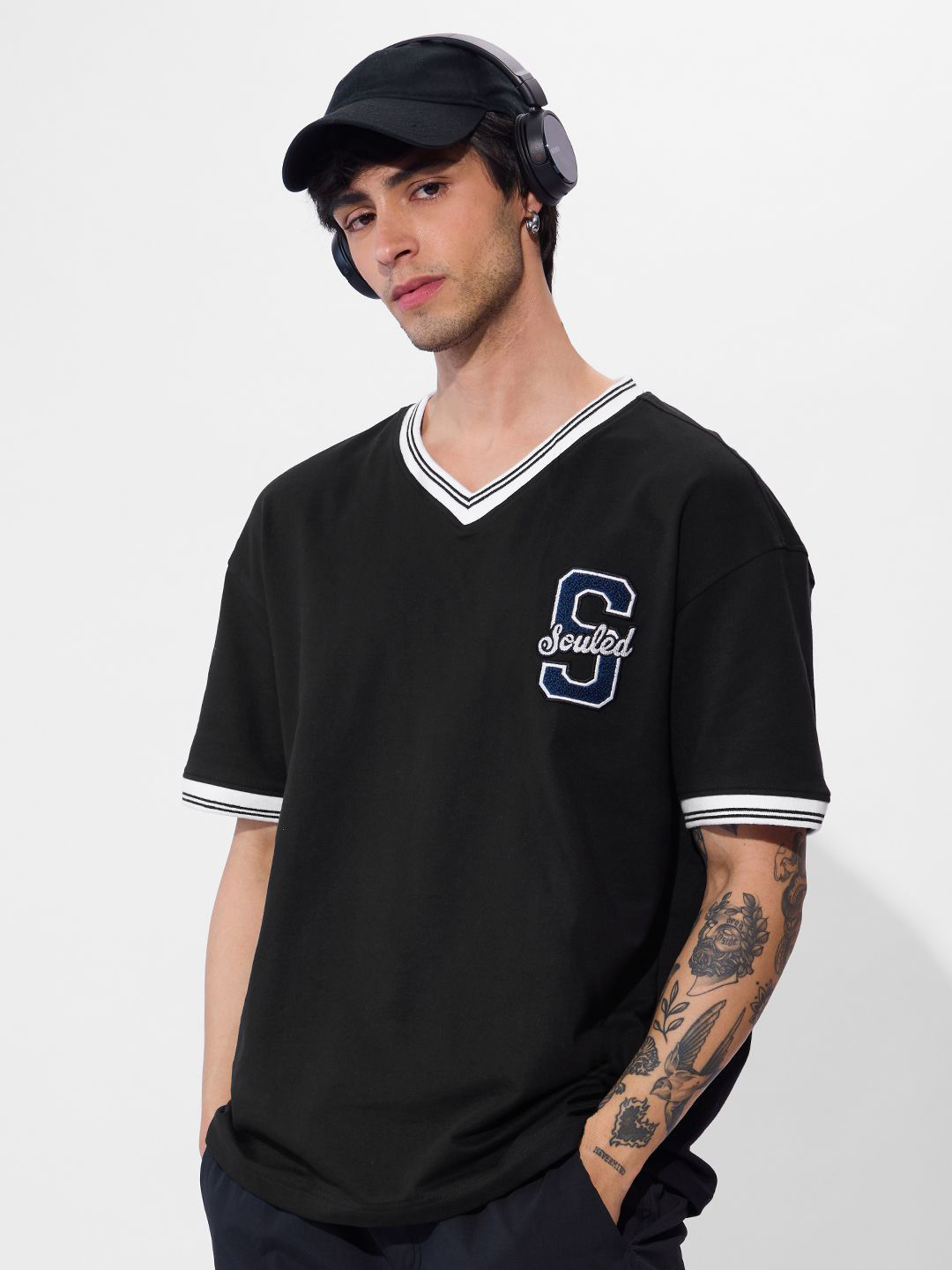 The Souled Store  Men Varsity T-shirt: Blue Blaze Black Oversized Fit T-Shirts