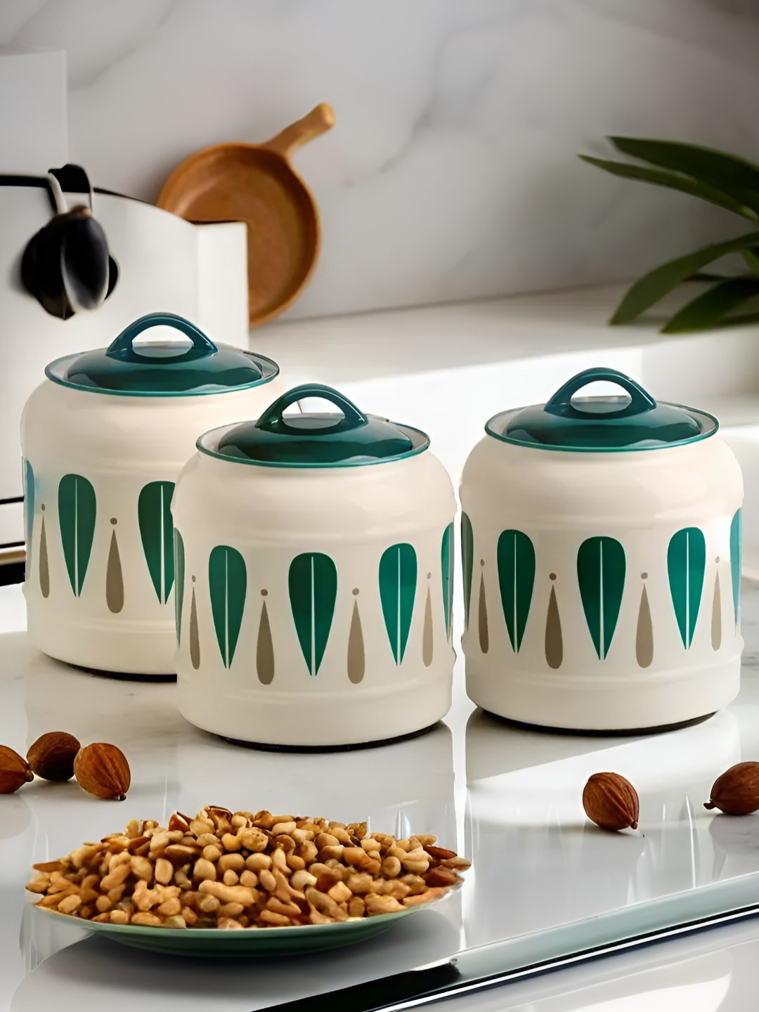 The Better Home White & Green 3 Pieces Prined Ceramic Easy to Clean Storage Jars 2.5L