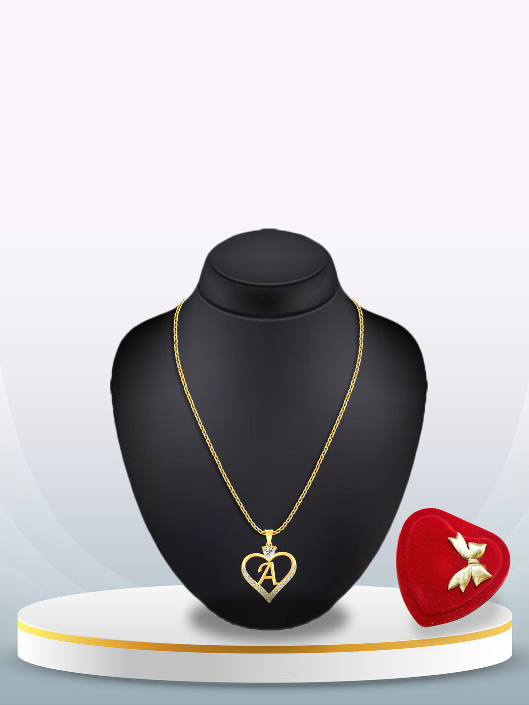 Heer Collection Gold-Plated Stainless Steel CZ A Letter Heart Shaped Pendant With Chain