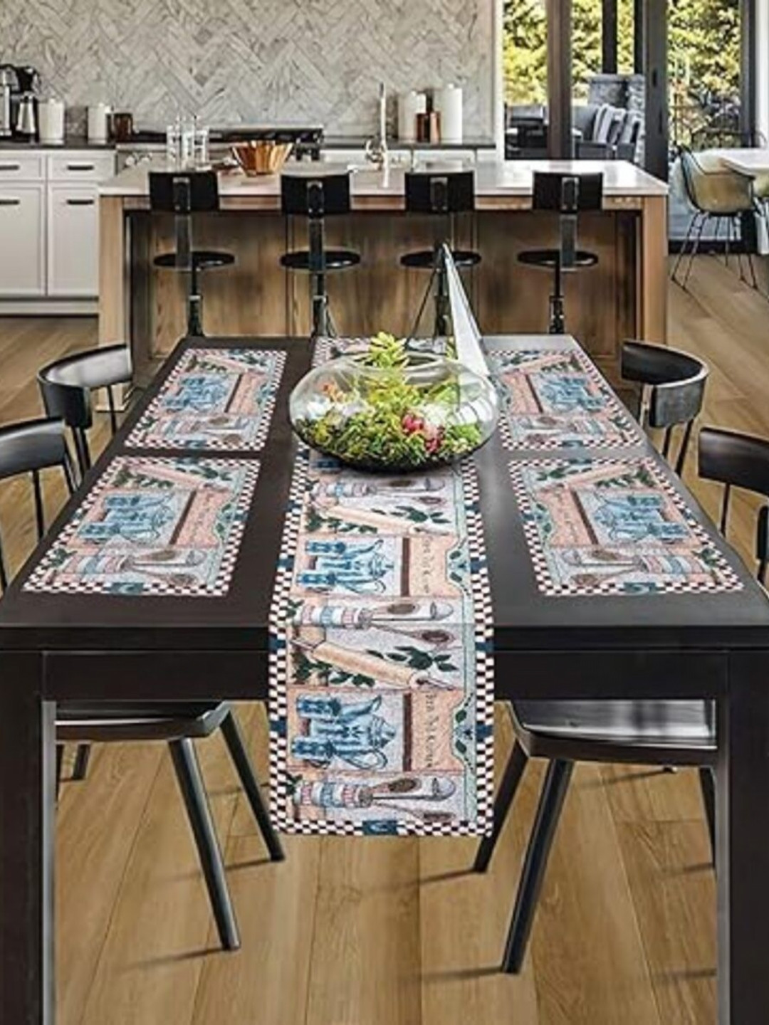 PRAKARTIK Set of 5 Green & Brown Cotton Dining Table Mats With Runner