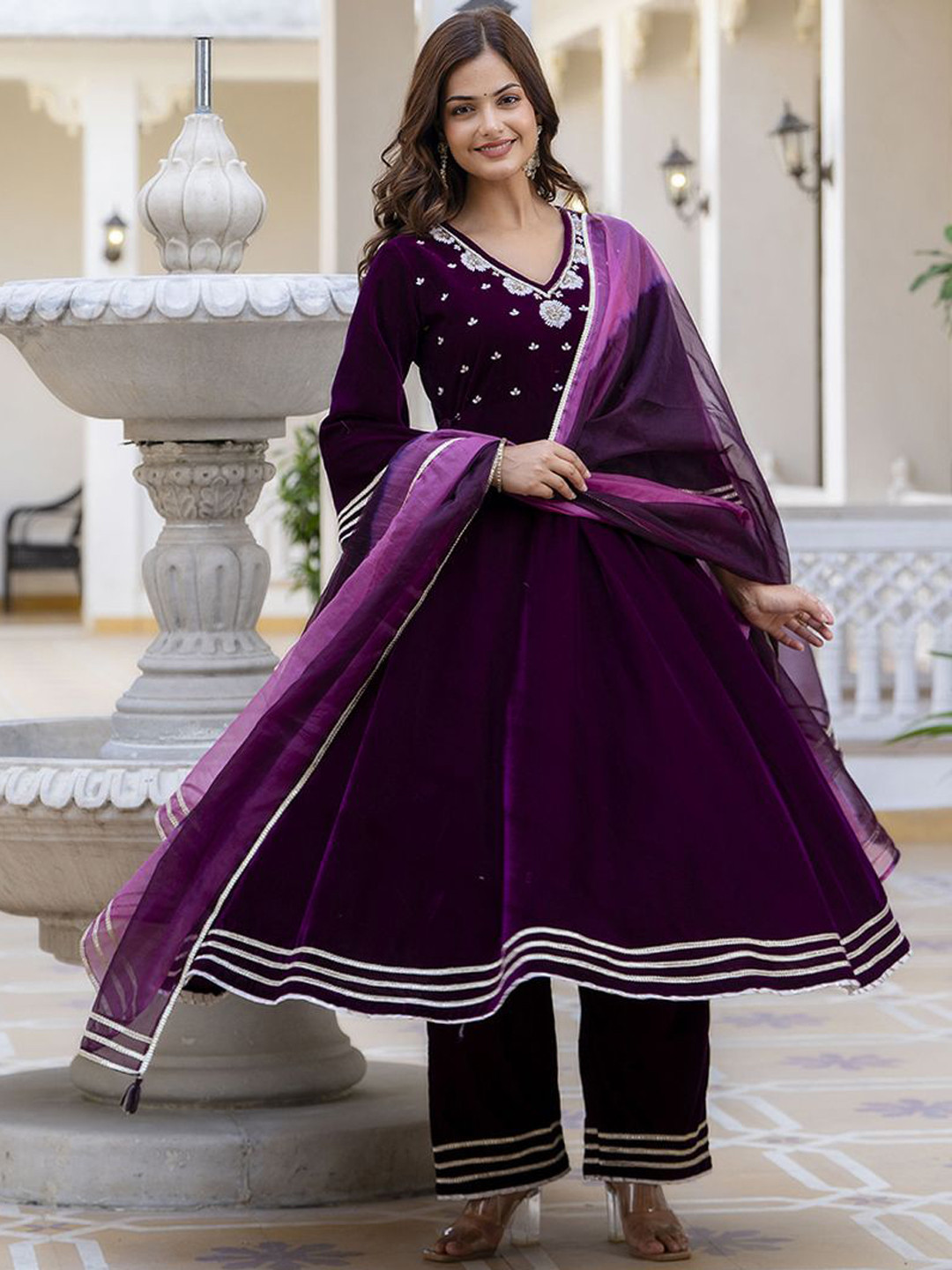 Anouk Purple Floral Embroidered Velvet Anarkali Kurta With Palazzo & Dupatta