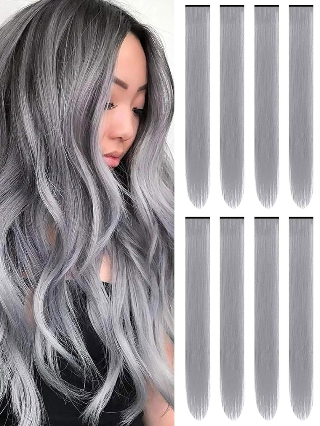RITZKART 2 Pc Grey 20 Inch Synthetic Hair Extension Clip On Streaks