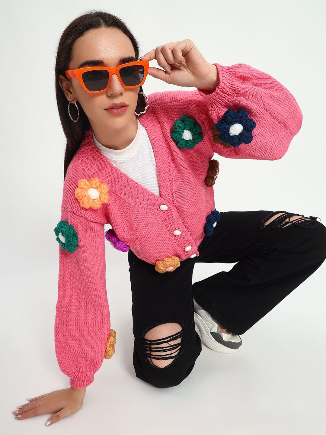 Sugercandy Women Embroidered Woollen Crop Handmade Cardigan With Embroidered Detail