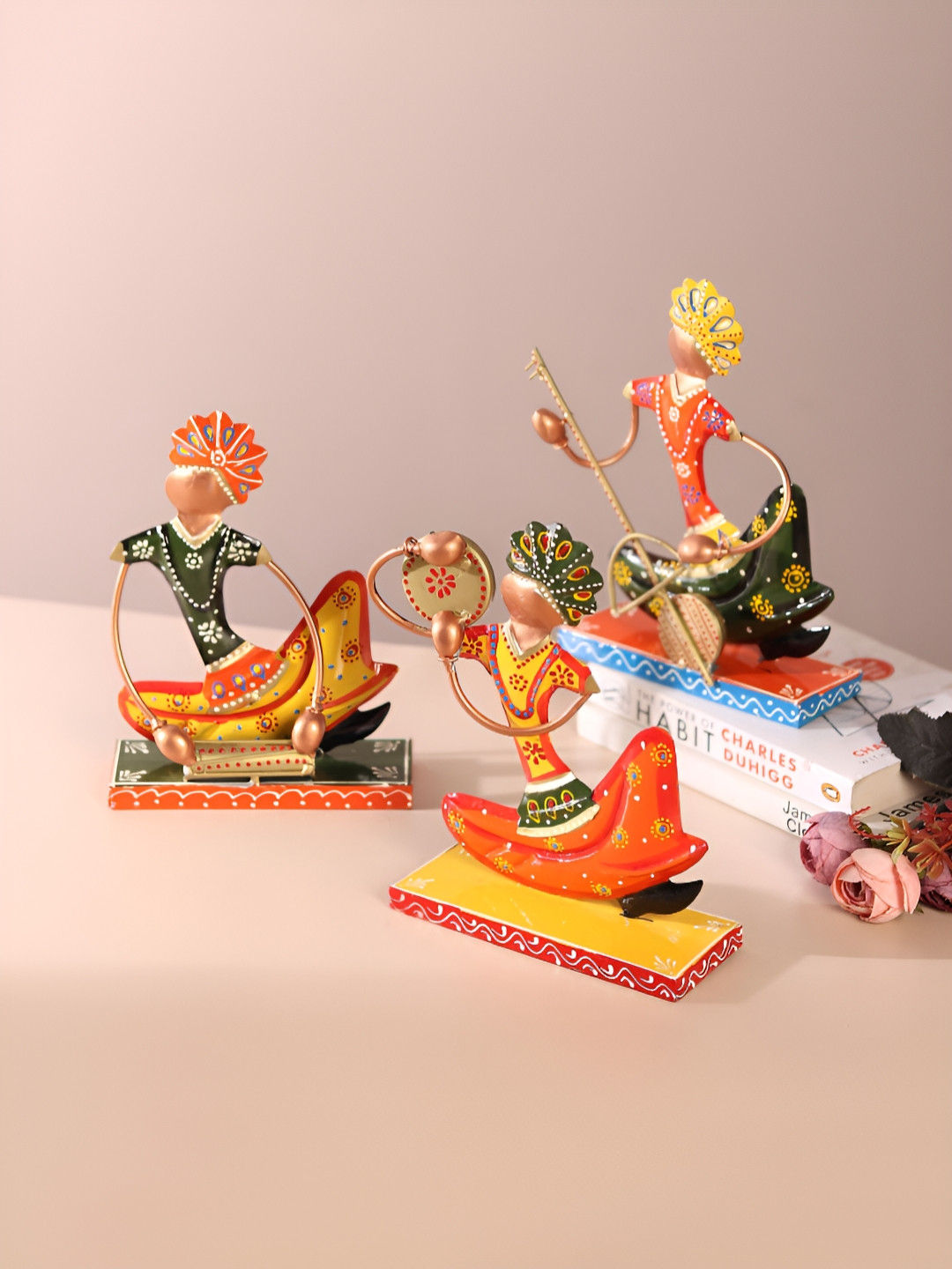 HABERE INDIA Rajasthani Red Metal Metallic Living Room Set of 3 Medium Showpieces - 7.9 Inches