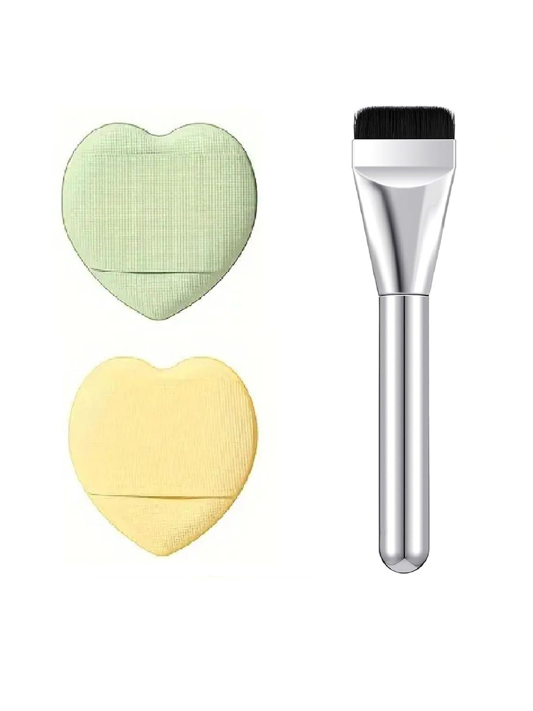 Facejewel Set Of 3 Silvery Foundation Brush & Mini Heart Shaped Makeup Puff