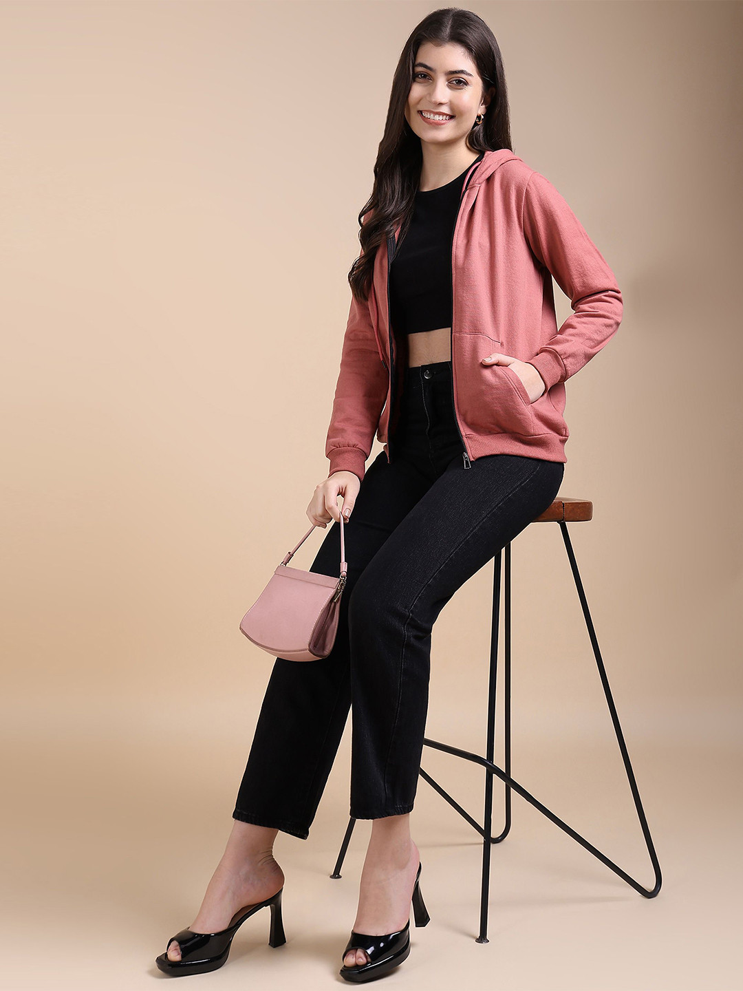 Adyavastram Women Pink Front-Open Long Sleeves Hooded Sweatshirt