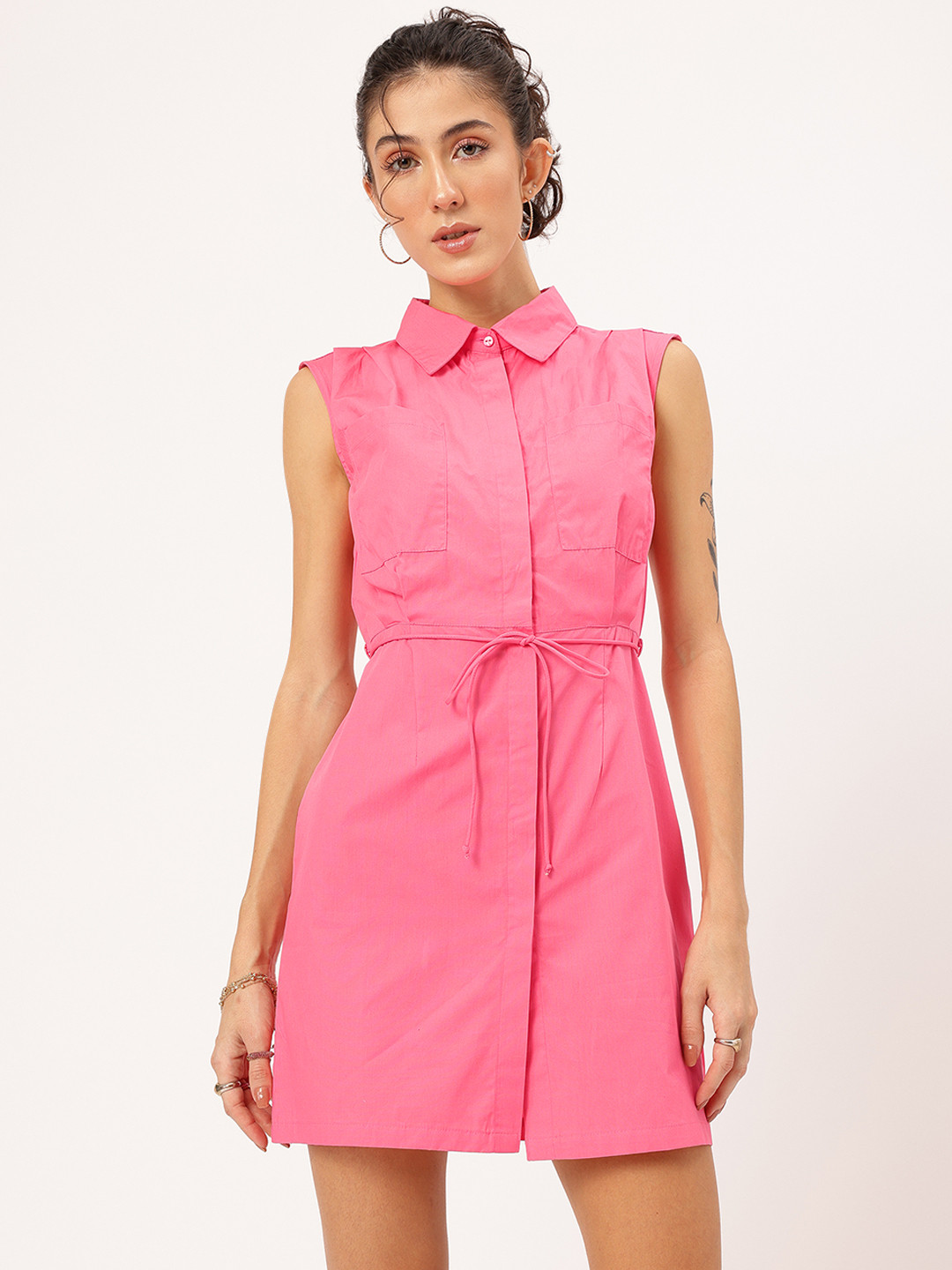 DressBerry Scenic Shift Waist Tie-Up Mini Shirt Dress