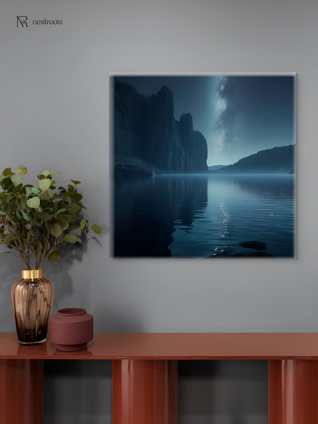 nestroots Blue & White Tranquil Lakeside Night Sky Canvas Painting Wall Art