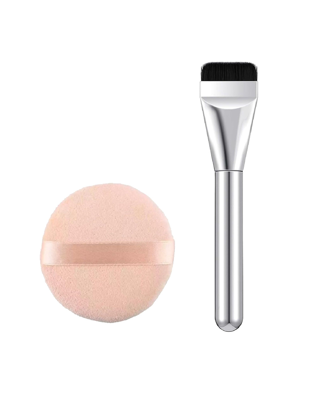 Facejewel Set Of 2 Silvery Makeup Brush & Makeup Round Puff