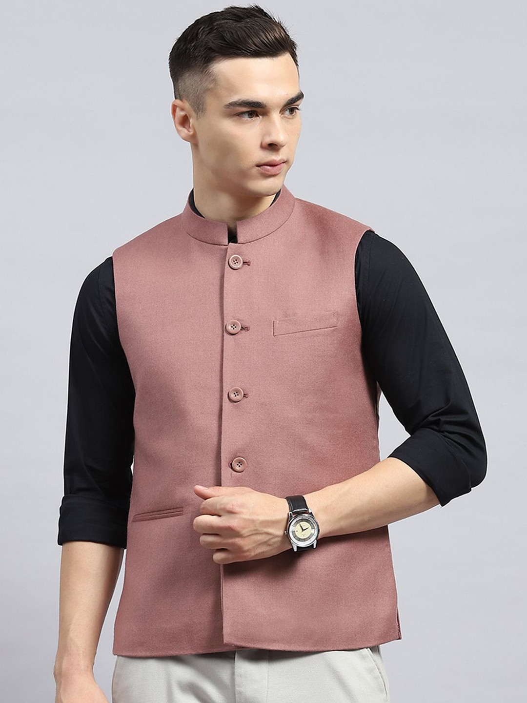Monte Carlo Men Mandarin Collar Solid Wool Casual Tailored Jacket