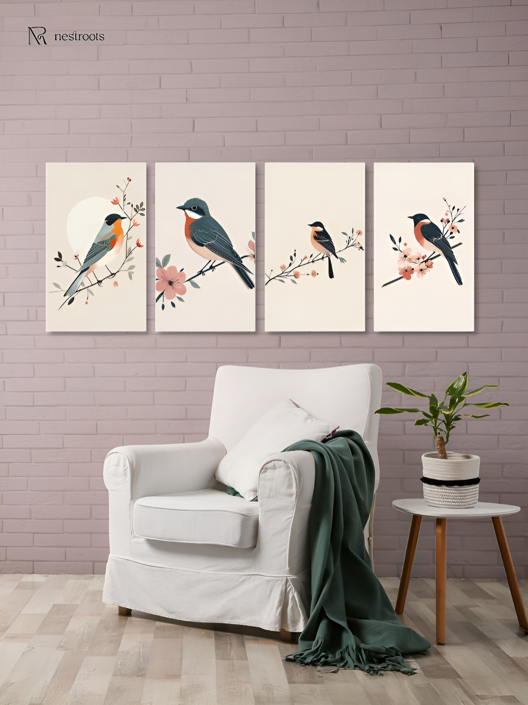 nestroots Grey & Peach 4 Pieces Bird and Floral Paintings Canvas Wall Art