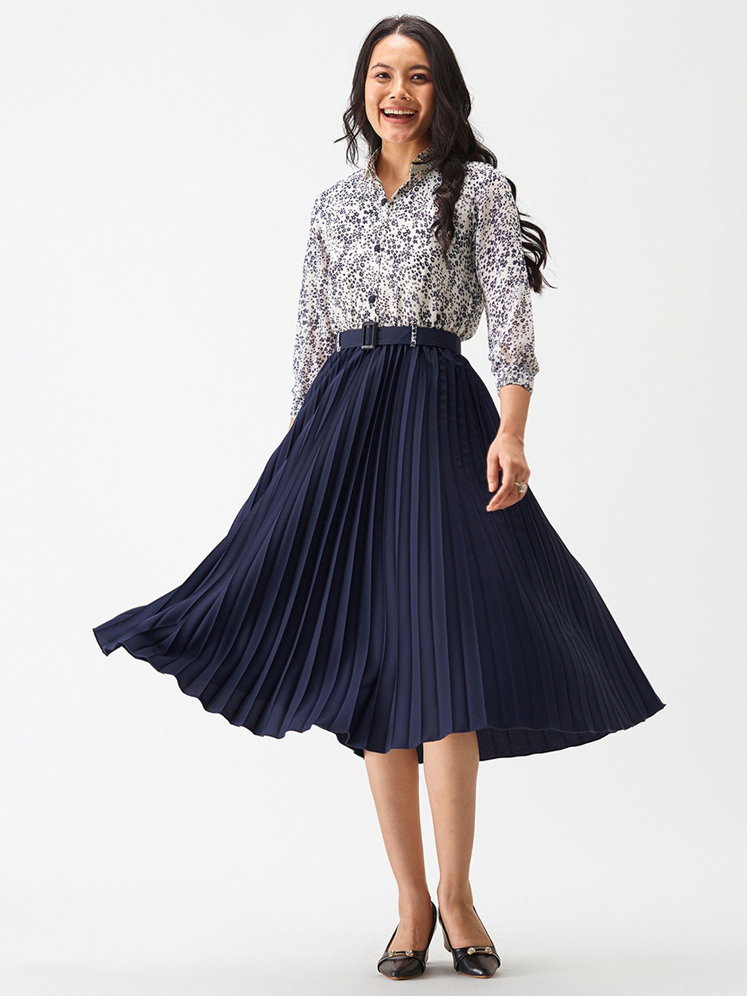 Femvy  Women Navy blue Floral Print Applique Shirt Collar Fit & Flare Maxi Dress