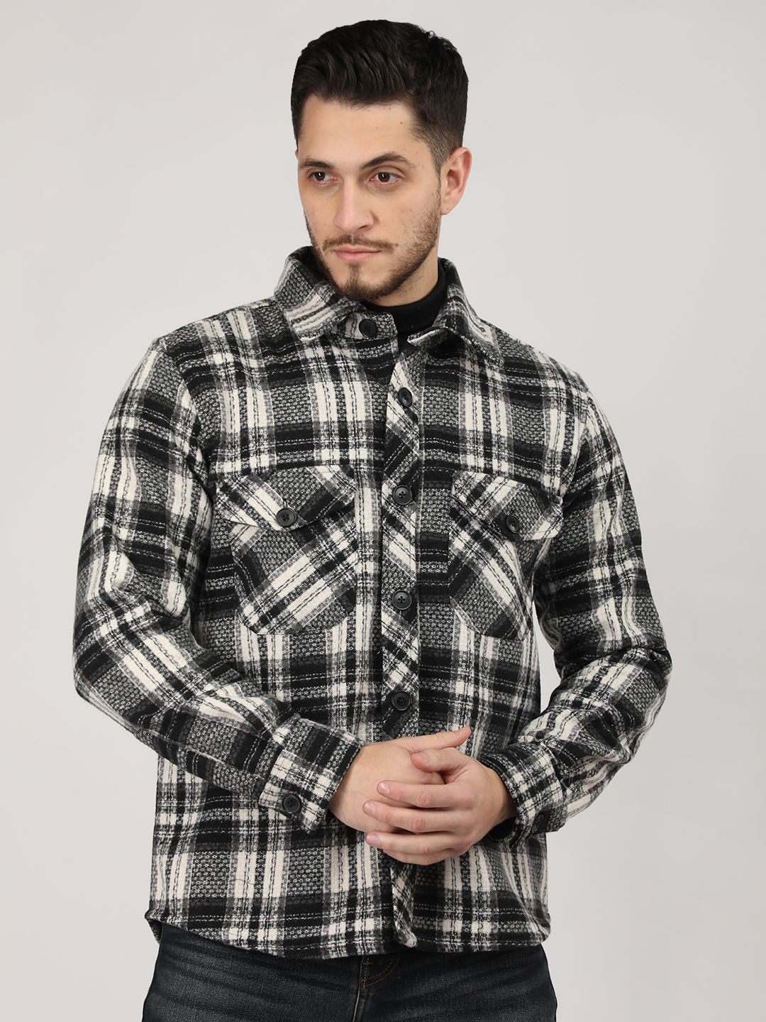 CHKOKKO Men Spread Collar Tartan Checked Leather Casual Shirt