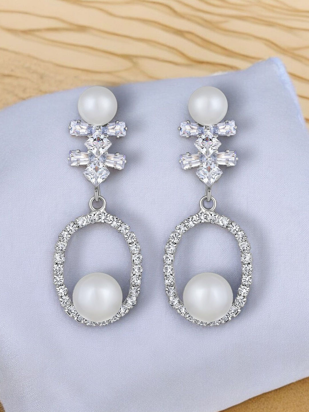 Stefan Silver-Plated Contemporary American Diamond Artificial Pearl Beaded Drop Earrings