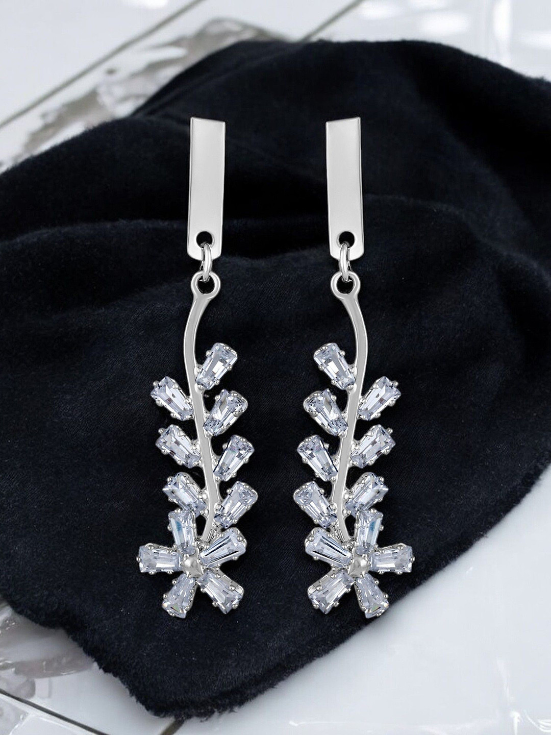 Stefan Silver-Plated American Diamond Floral Leaf Drop Earrings