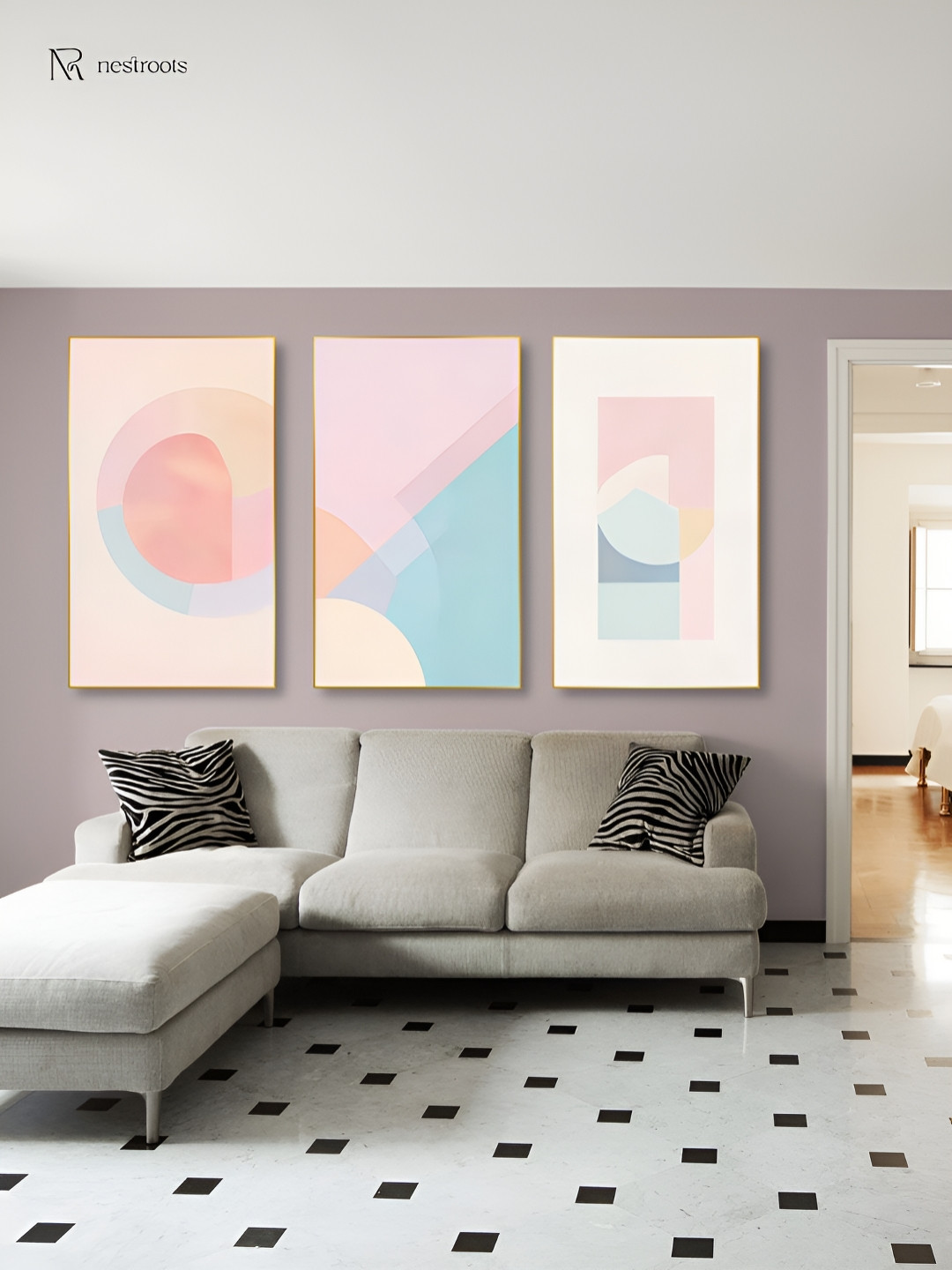 nestroots Vibrant Blue & Pink 3 Pieces Canvas Abstract Paintings Wall Arts