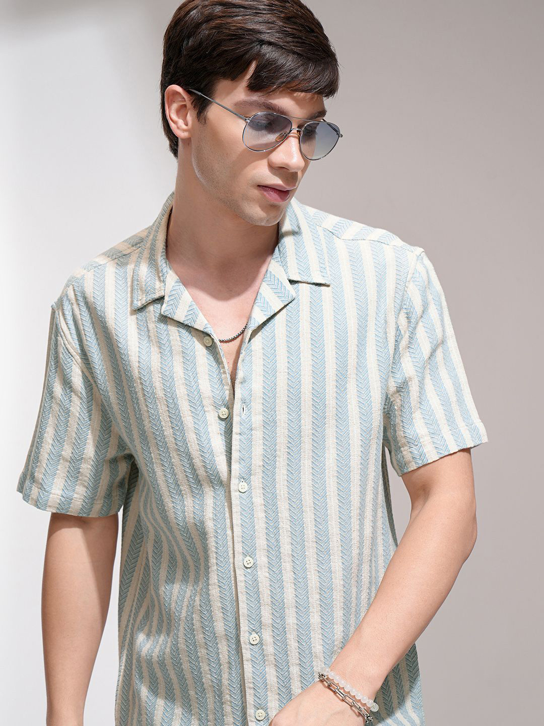 Highlander Men Chenile Yarn Textured Striped Casual Shirt