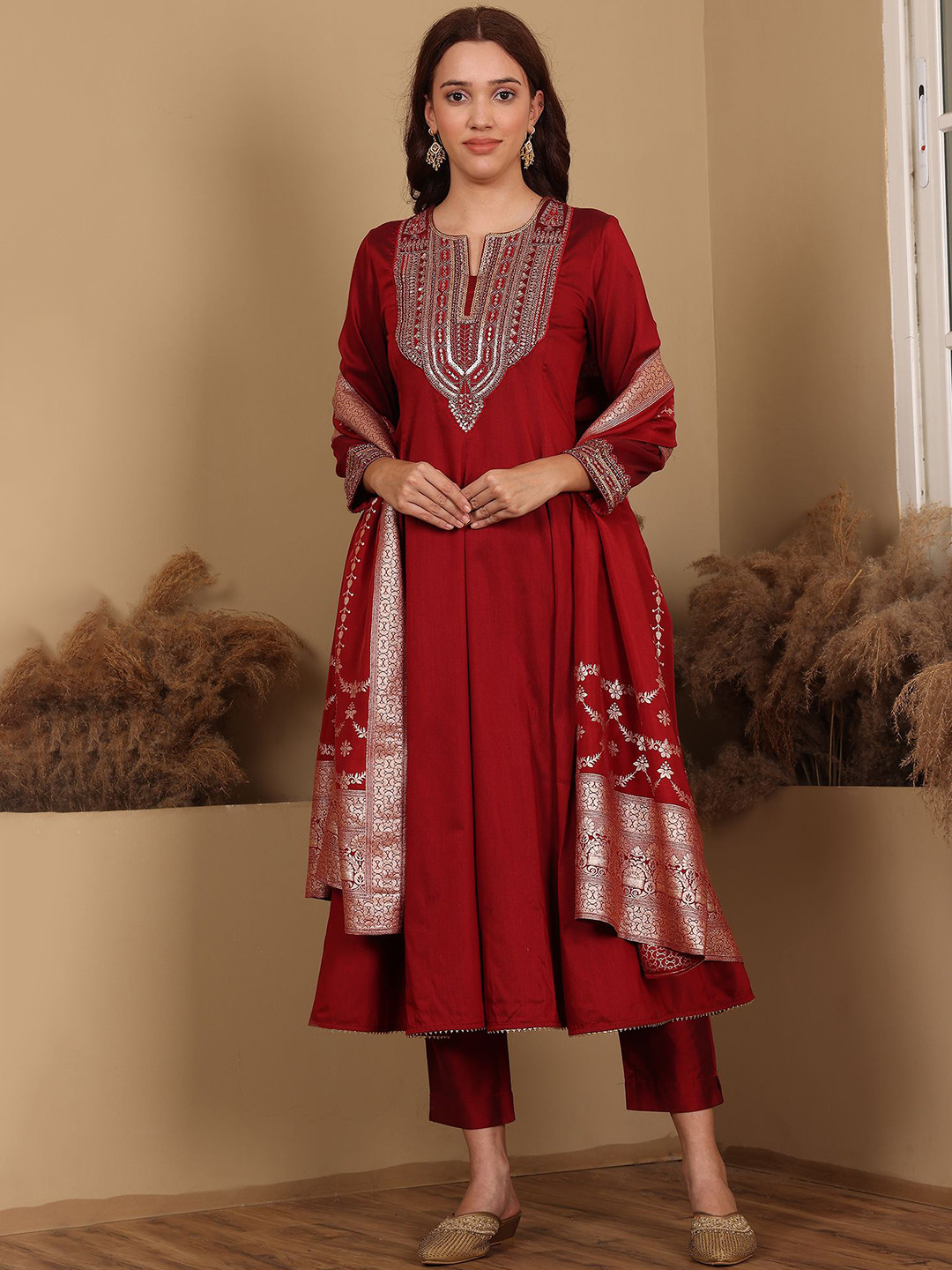 W Red Round Neck Three-Quarter Sleeves Regular Sequinned Kurta With Trouser With Dupatta