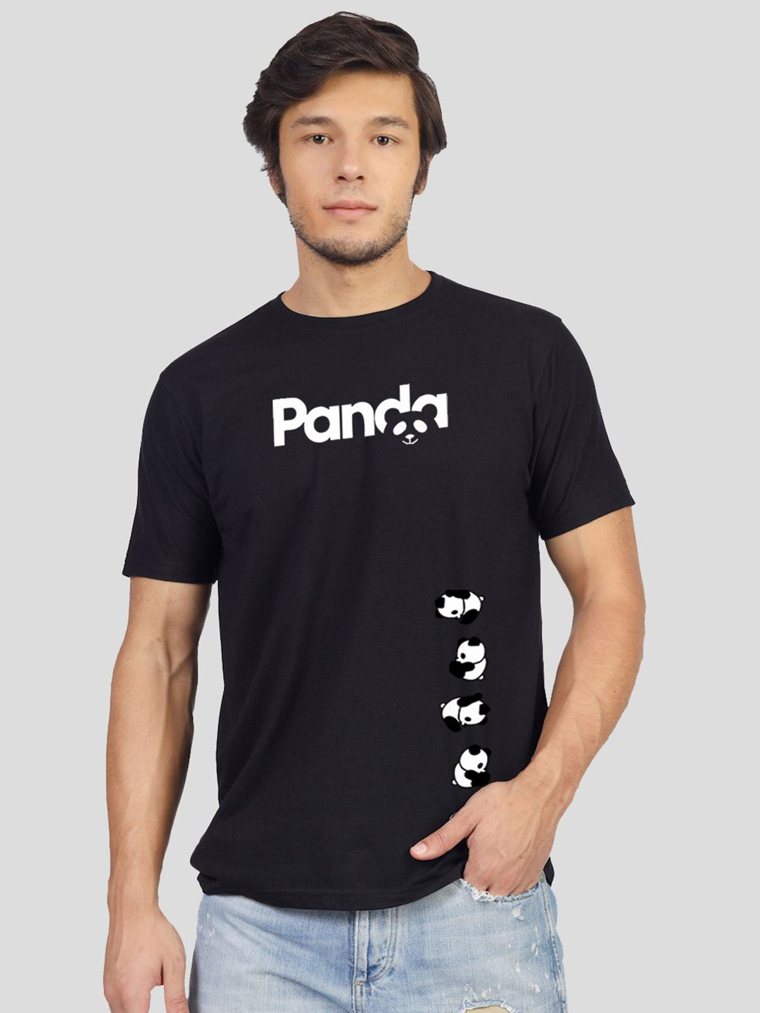 Greylongg Men Graphic Printed Round Neck Cotton Panda T-shirt