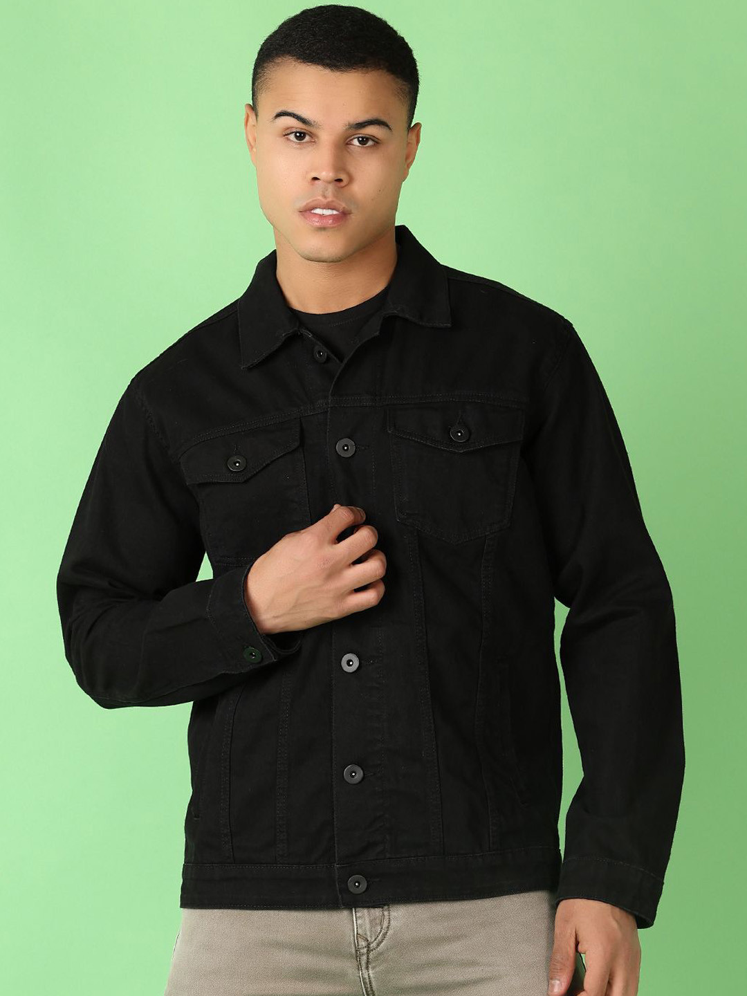 V-Mart Men Spread Collar Solid Denim Casual Jacket