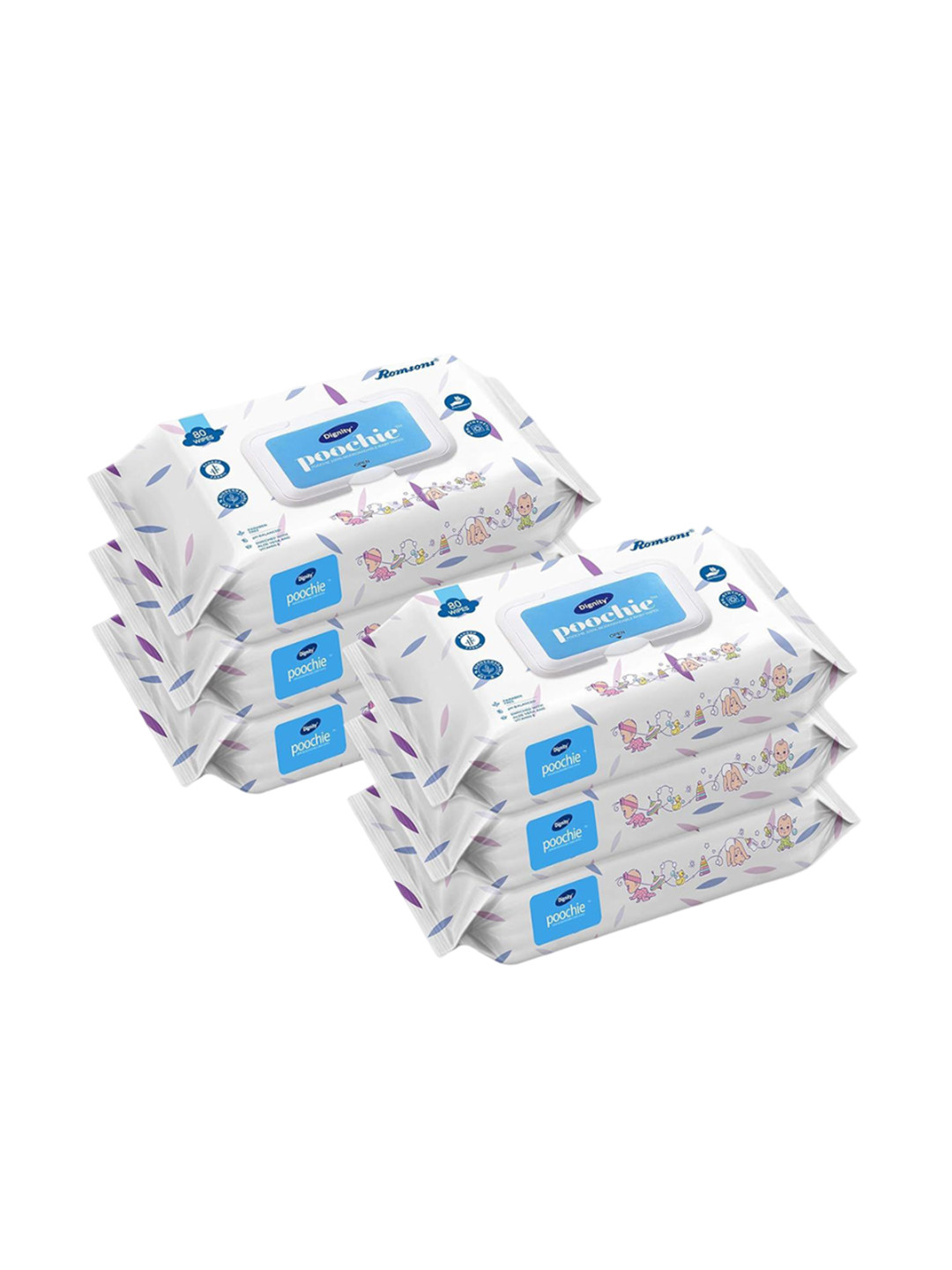 Romsons Dignity Poochie Set of 6 Extra Soft Baby Wipes With Aloe Vera - 80 Wipes Each