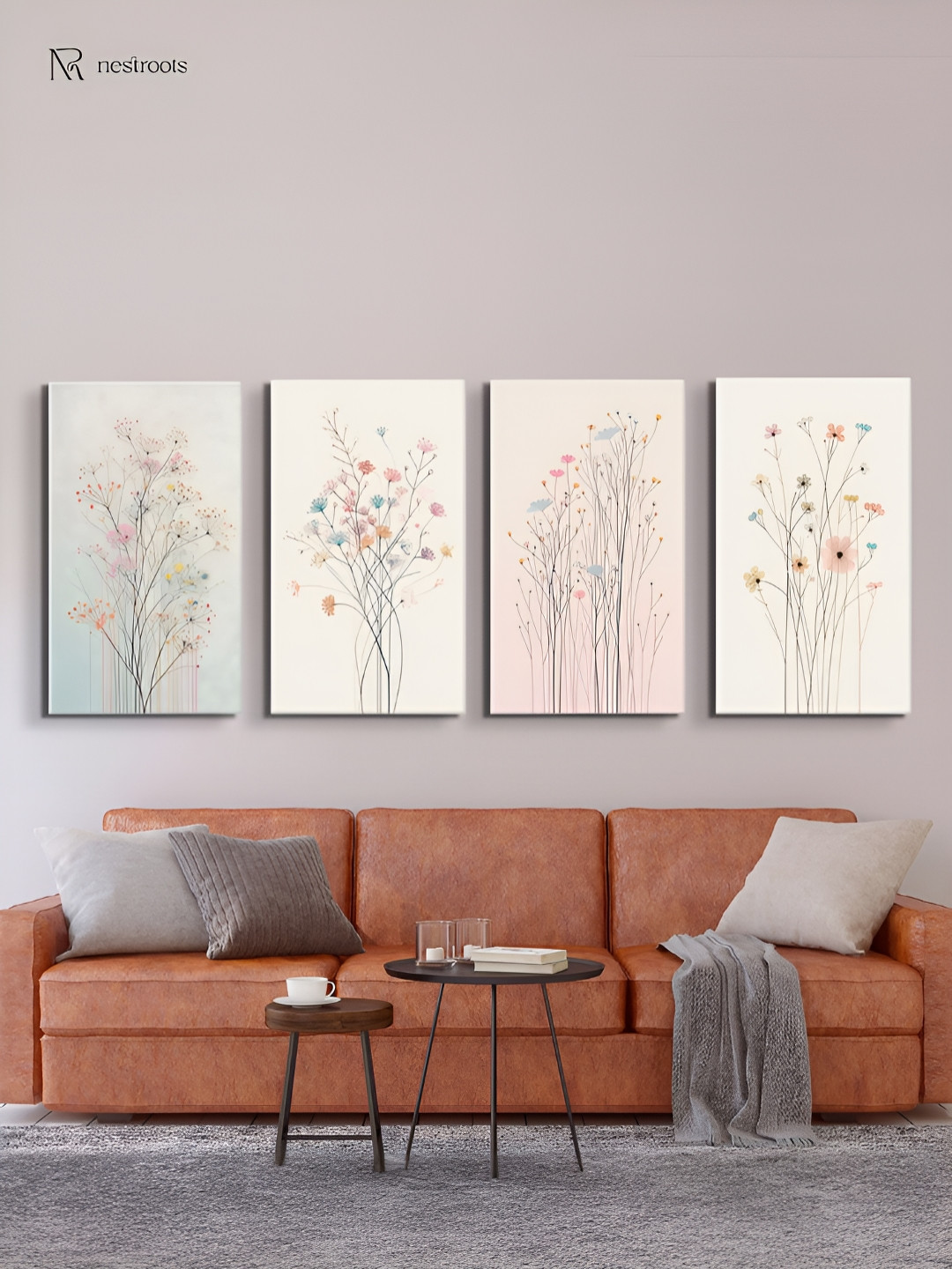 nestroots White & Green 4 Pieces Floral Symphony Canvas Painting Wall Arts
