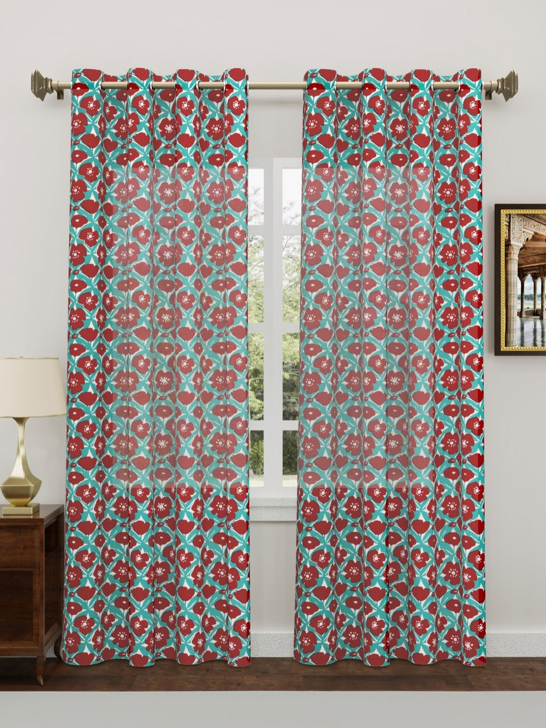 BLOCKS OF INDIA Turquoise Blue & Red 2 Pieces Ethnic Motifs Door Curtain