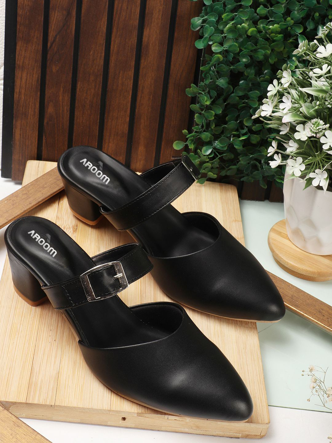 AROOM Synthetic Leather Solid Block Heel Mules