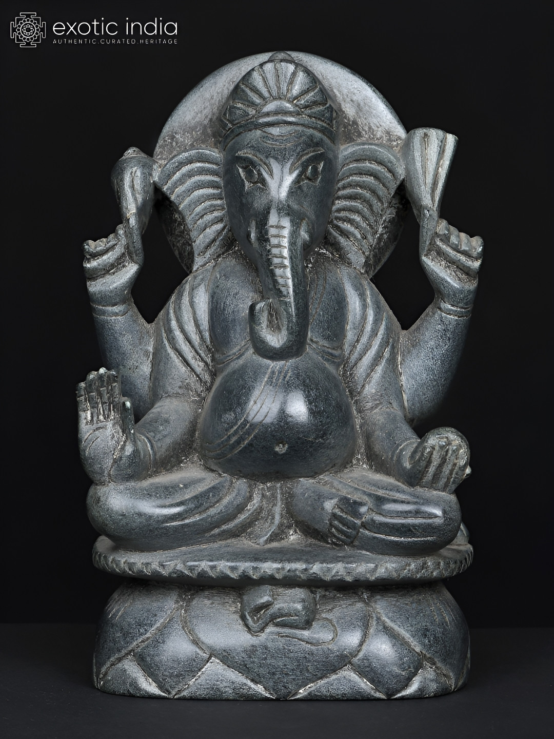 Exotic India Blessing Lord Ganesha Grey Stone Matte Prayer Room Small Showpiece - 4.2 Inches
