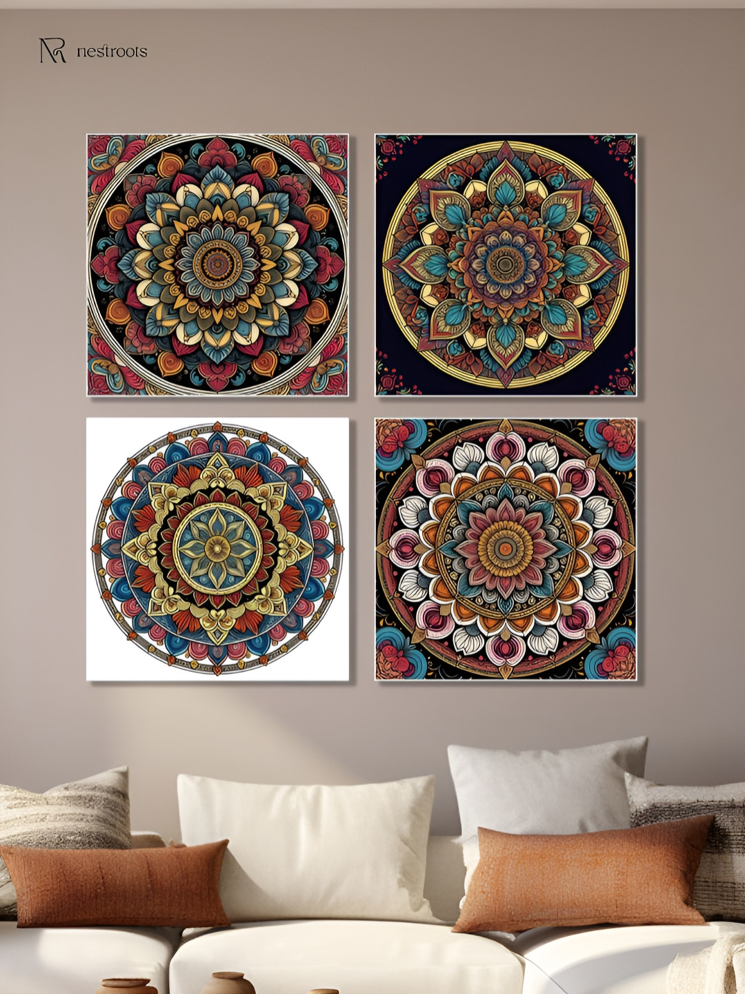 nestroots Vibrant Floral Blue & White 4 Pieces Canvas Painting Wall Arts