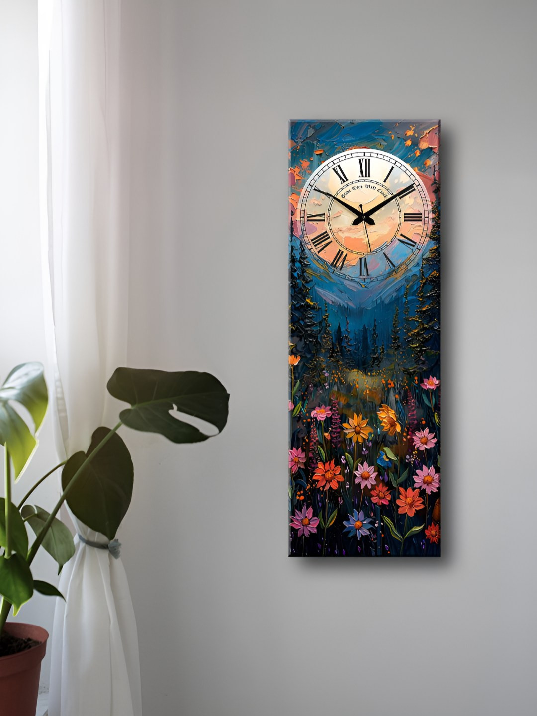 OLIVE TREE Blue & Green Floral Printed Rectangle Wooden Contemporary Wall Clock