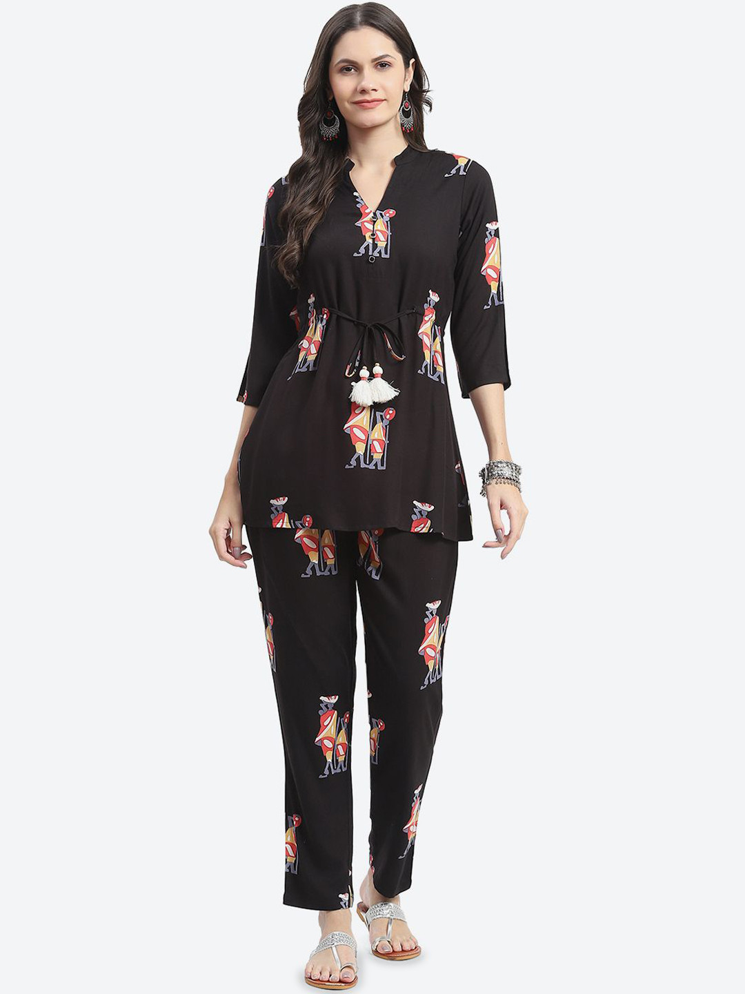 Kurti's by Menka Quirky Printed Mandarin Collar Top With Trouser