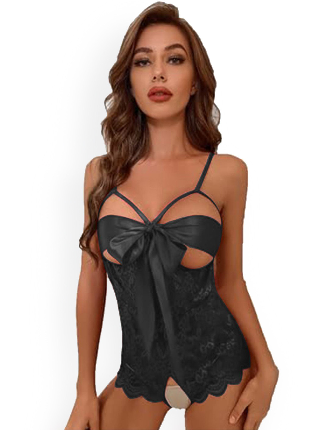 VAGHBHATT Women Net Ribbon Knot Design Baby Doll